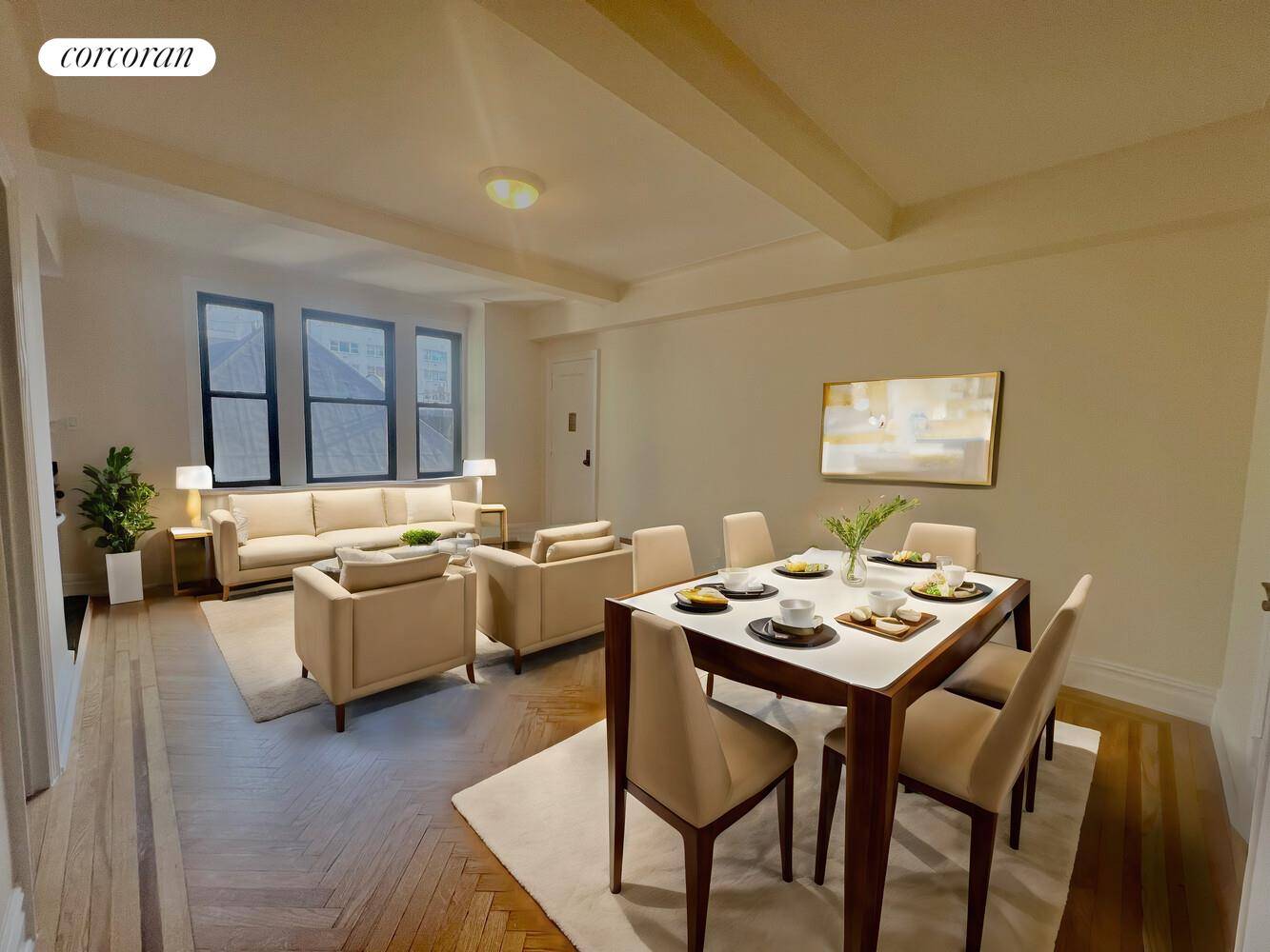 Beautiful 505 sq ft luxury studio apartment with bright Southern exposure, beamed ceilings, herringbone floor, three extra large closets, granite kitchen, tiled windowed bathroom, and wonderful layout.