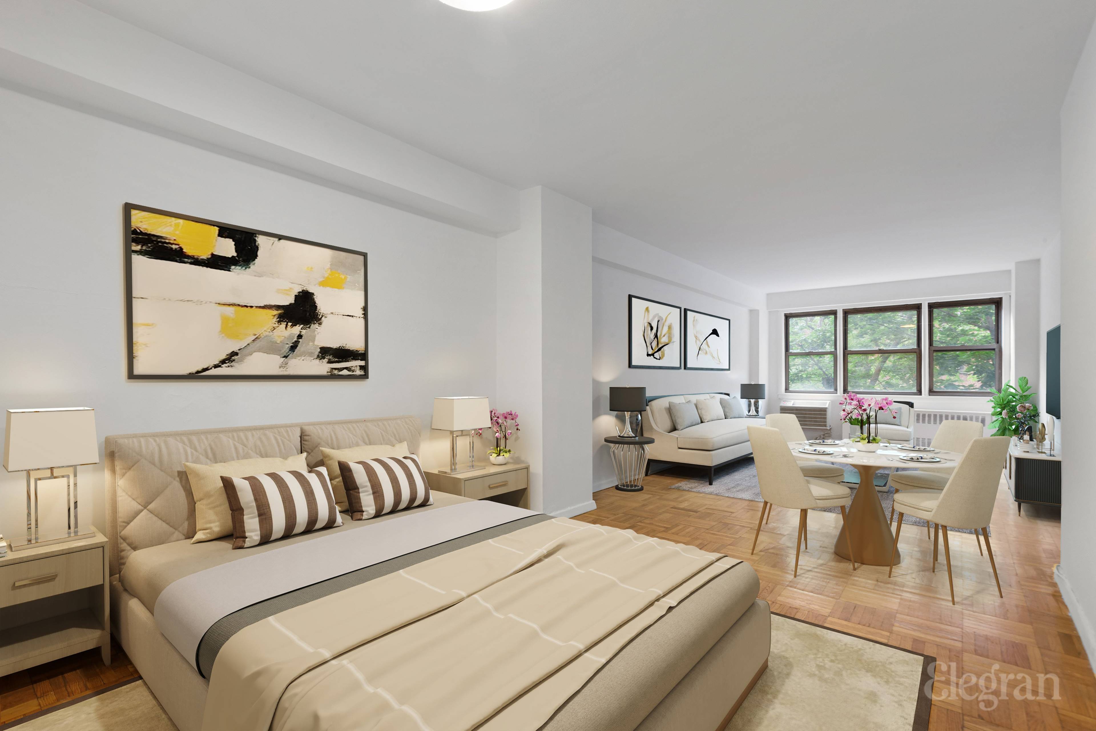 Welcome to a spacious and sunlit condo studio featuring an impressive wall of south facing windows that provide enchanting garden and sky vistas.