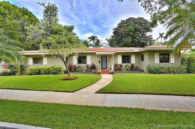 Eco efficient solar powered single story house located just one block from Biscayne Bay on one of the best streets in guard gated Morningside s historic section.