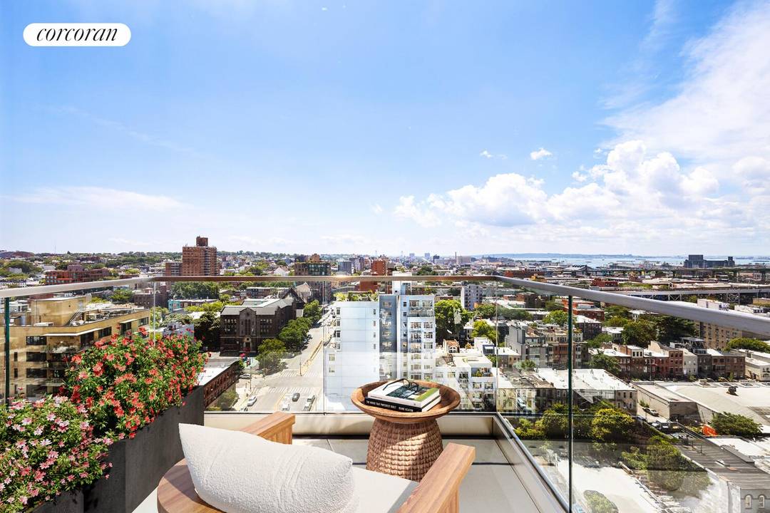 Southeastern Facing Designer one bedroom Corner unit with Park Slope streetscape and harbor views and private balcony only minutes from the F, G and R Subway lines and across from ...