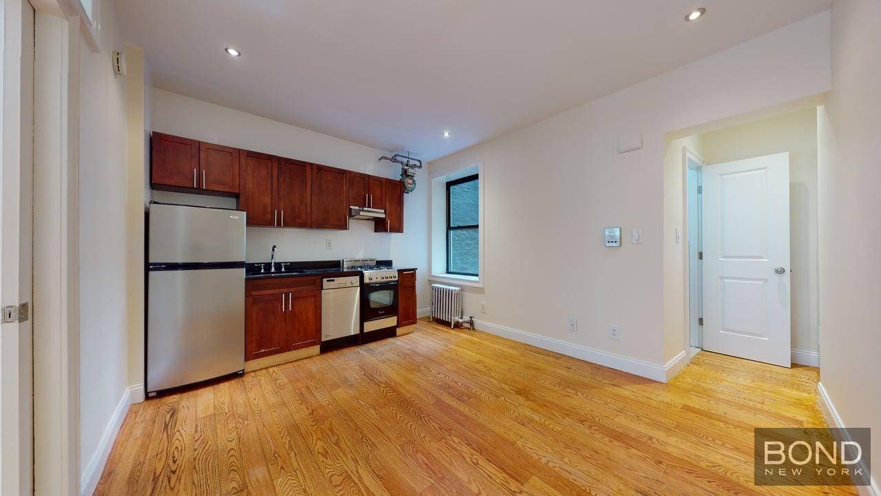 Sparkling 1 bedroom apartment features large living room, an open kitchen with stainless steel appliances and a dishwasher, queen size bedroom, hardwood floor and high ceilings.