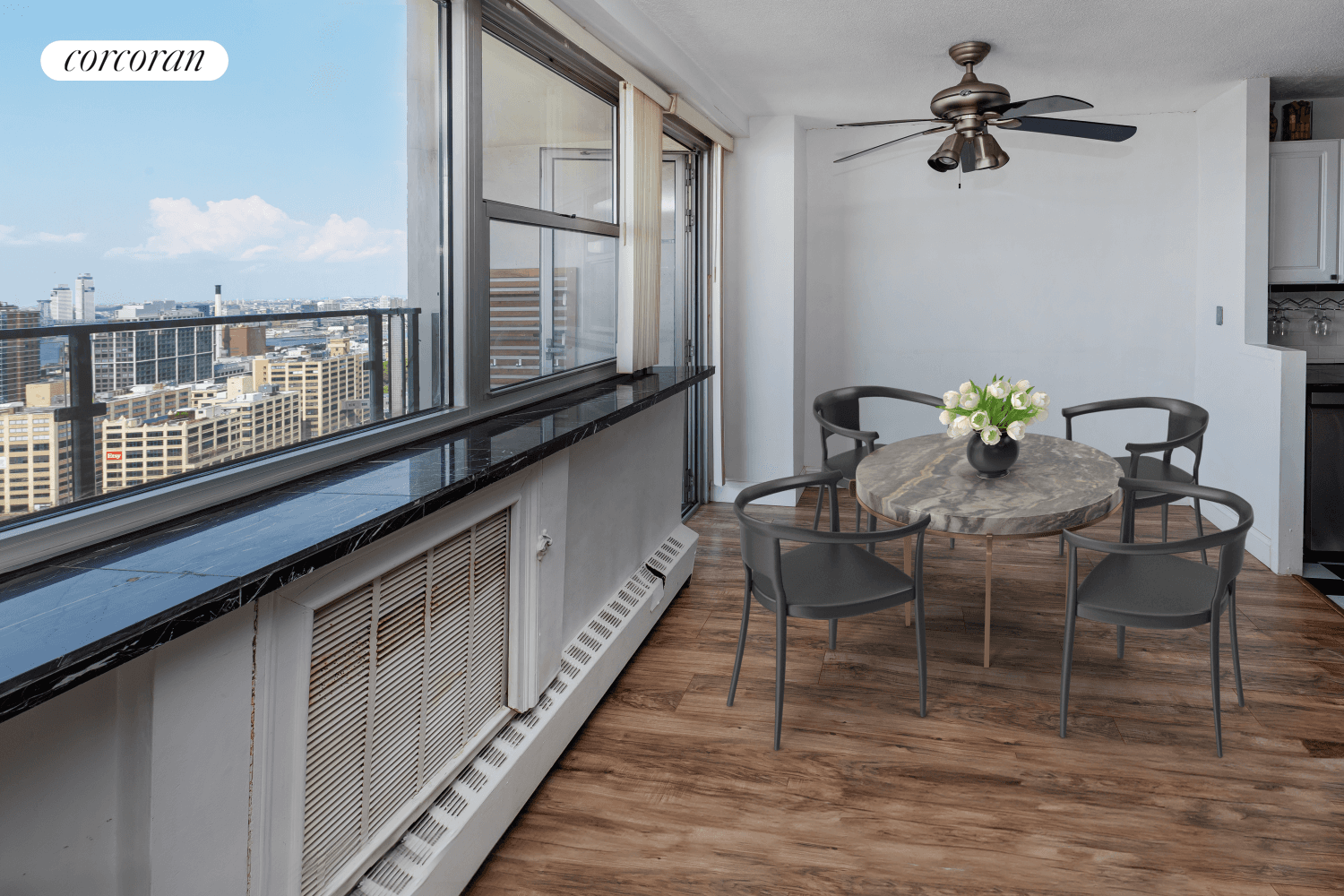 Exquisite Studio Apartment with Breathtaking Terrace in Brooklyn HeightsStep into this spacious studio apartment with exceptionally low maintenance costs.