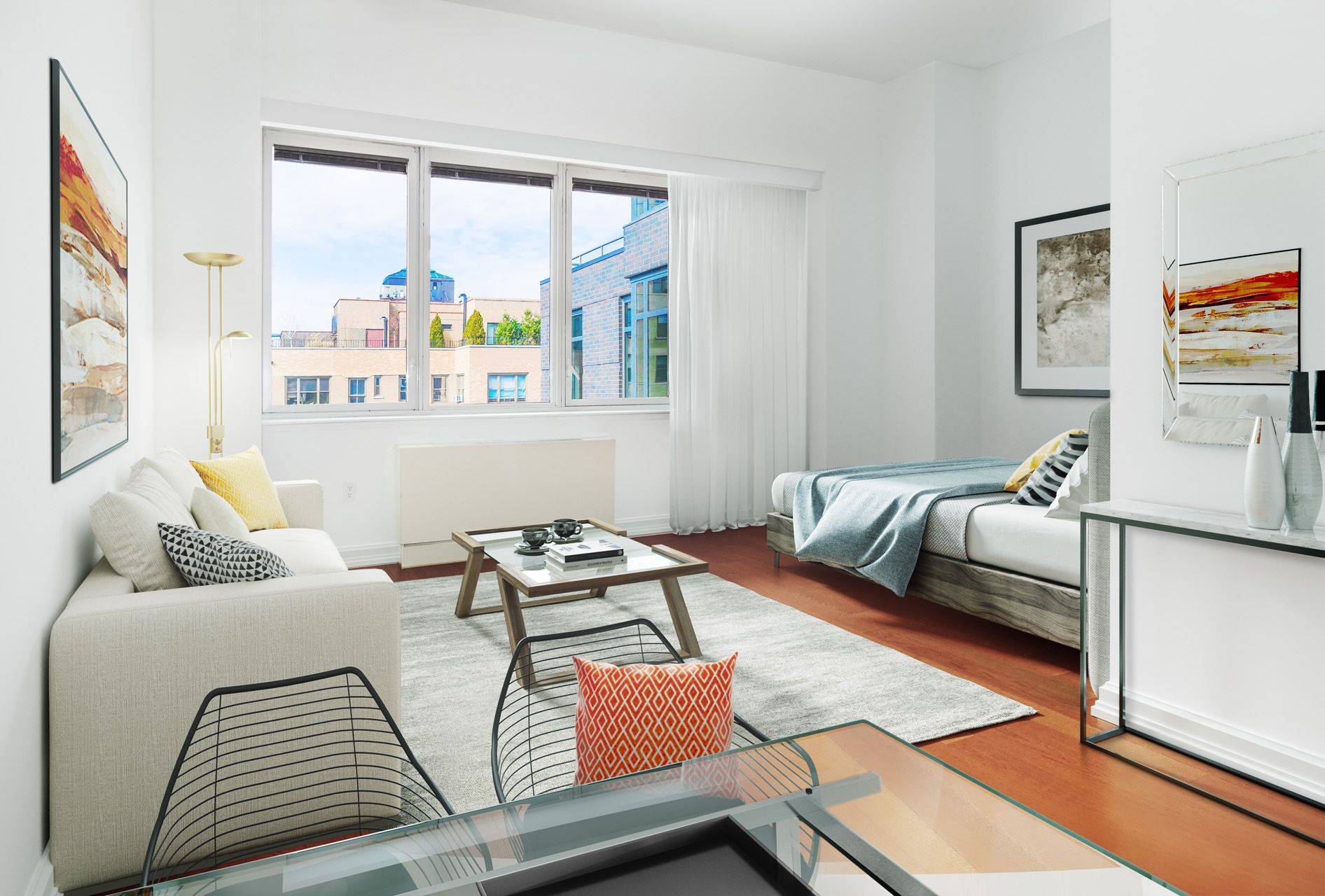 Large alcove studio with separate sleeping area and multiple closets including a walk in closet.