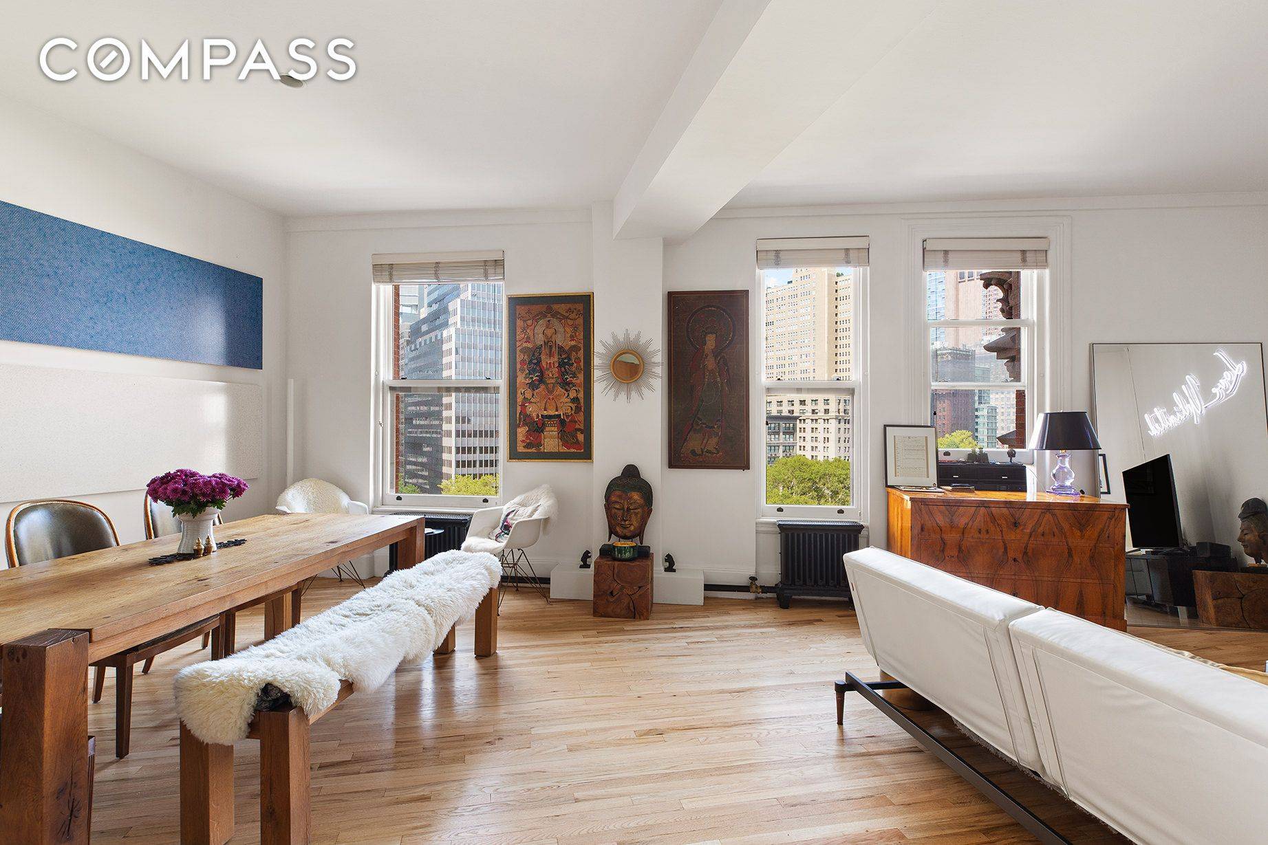 145 Nassau Street, 8A presents a rare opportunity to own a park facing spacious two bedroom duplex loft on the 8th and 9th floors of the historic Potter Building.