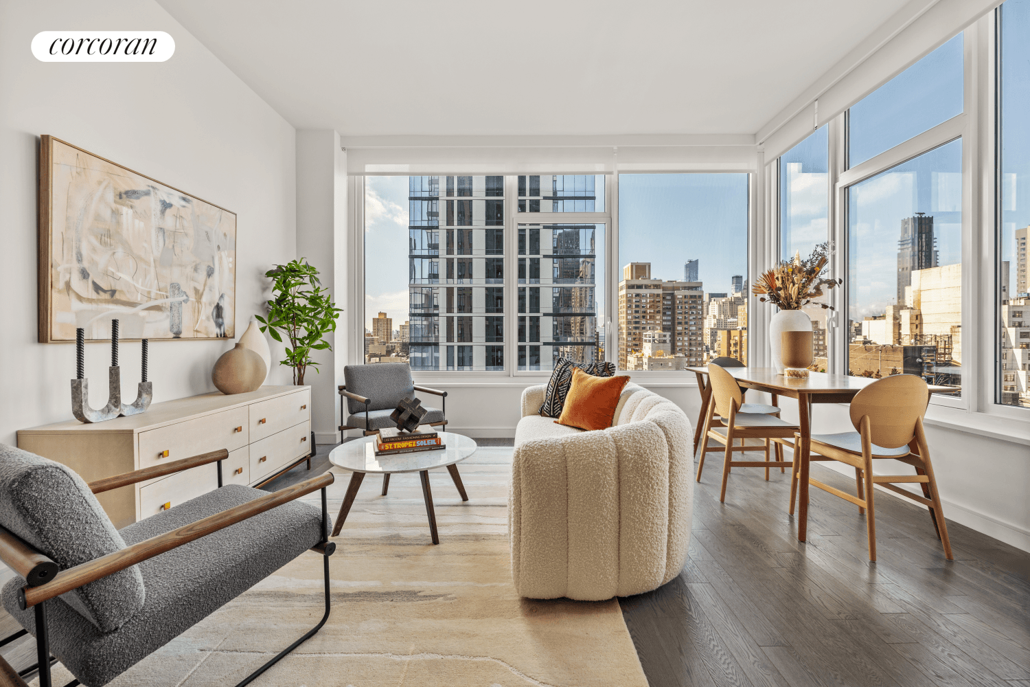 Welcome to Residence E, a corner unit two bedroom one bathroom facing east, south, and west that embodies modern luxury and sophistication.