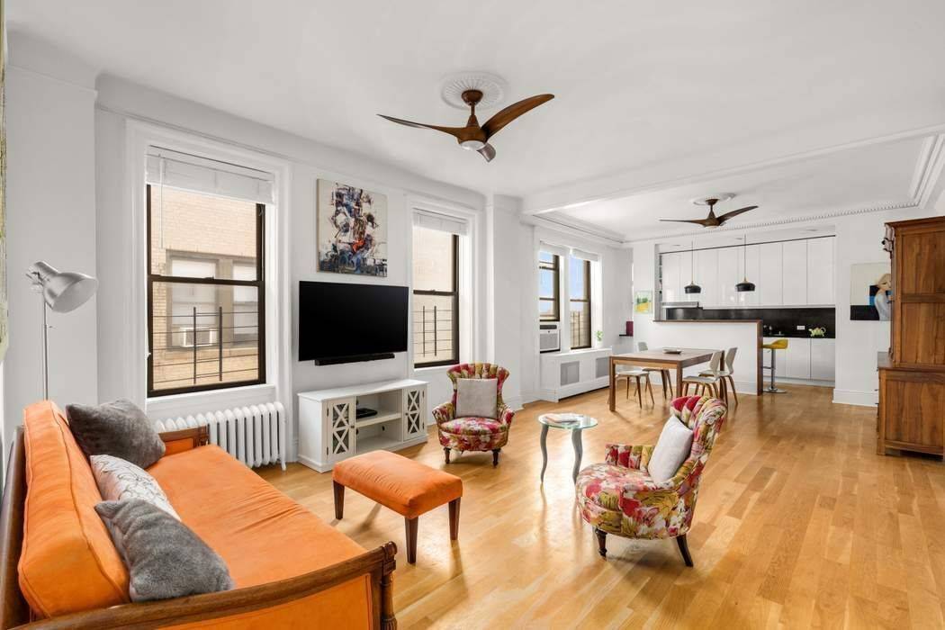 Top Floor Pre War Elegance with Light, Scale, and Sophistication Perched on the top floor of a historic Beaux Arts cooperative, this rare and voluminous two bedroom, one bath home ...