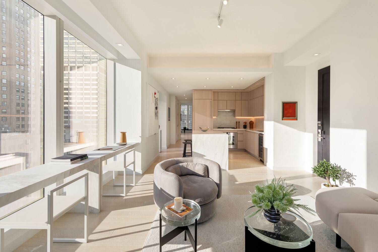 Immediate Occupancy. This expansive one bedroom, one and a half bathroom residence designed by Champalimaud offers northern, western, and southern exposures through floor to ceiling windows.