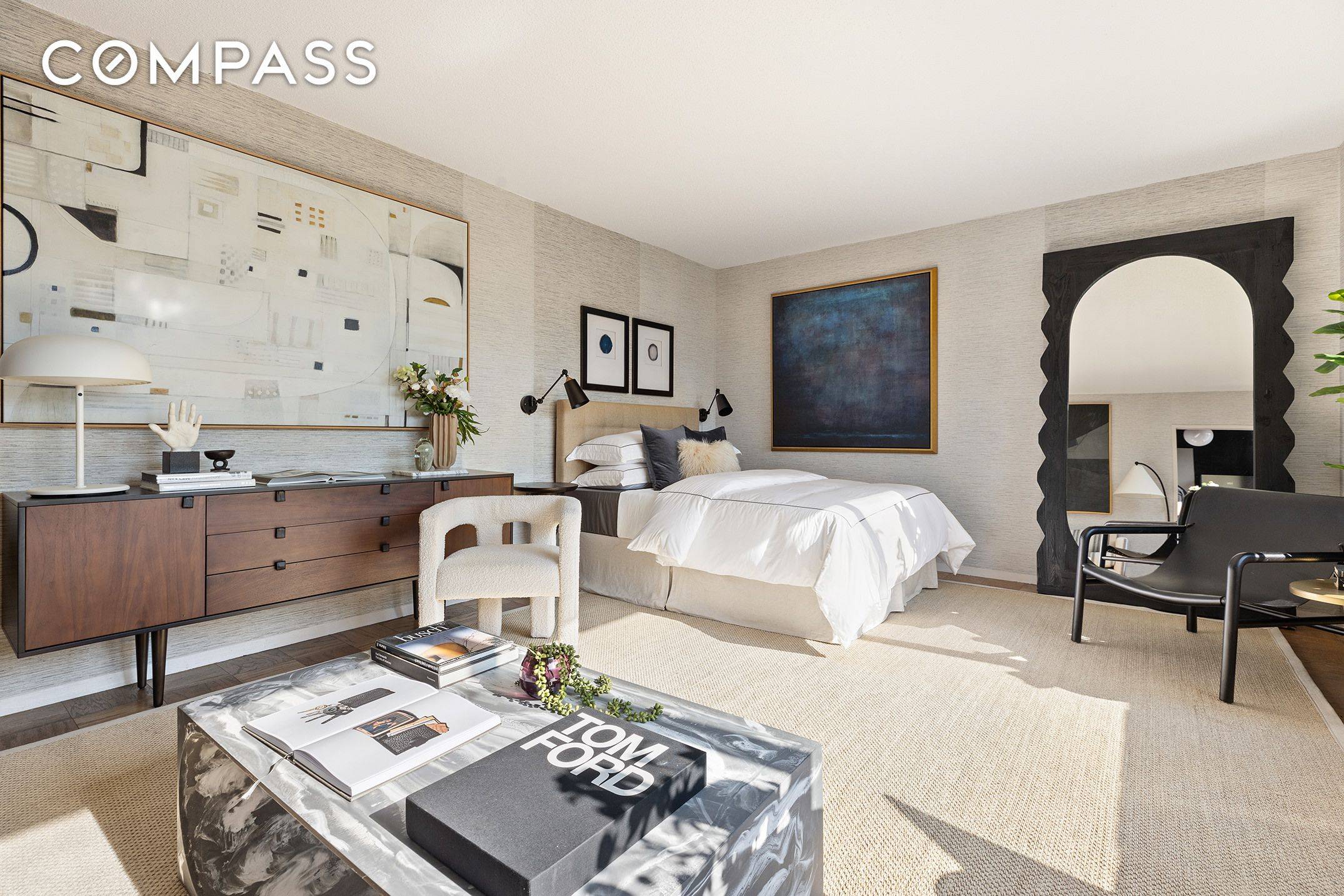 Bright and airy with expansive views, this impeccably designed studio features oversized, east facing windows and fantastic proportions.