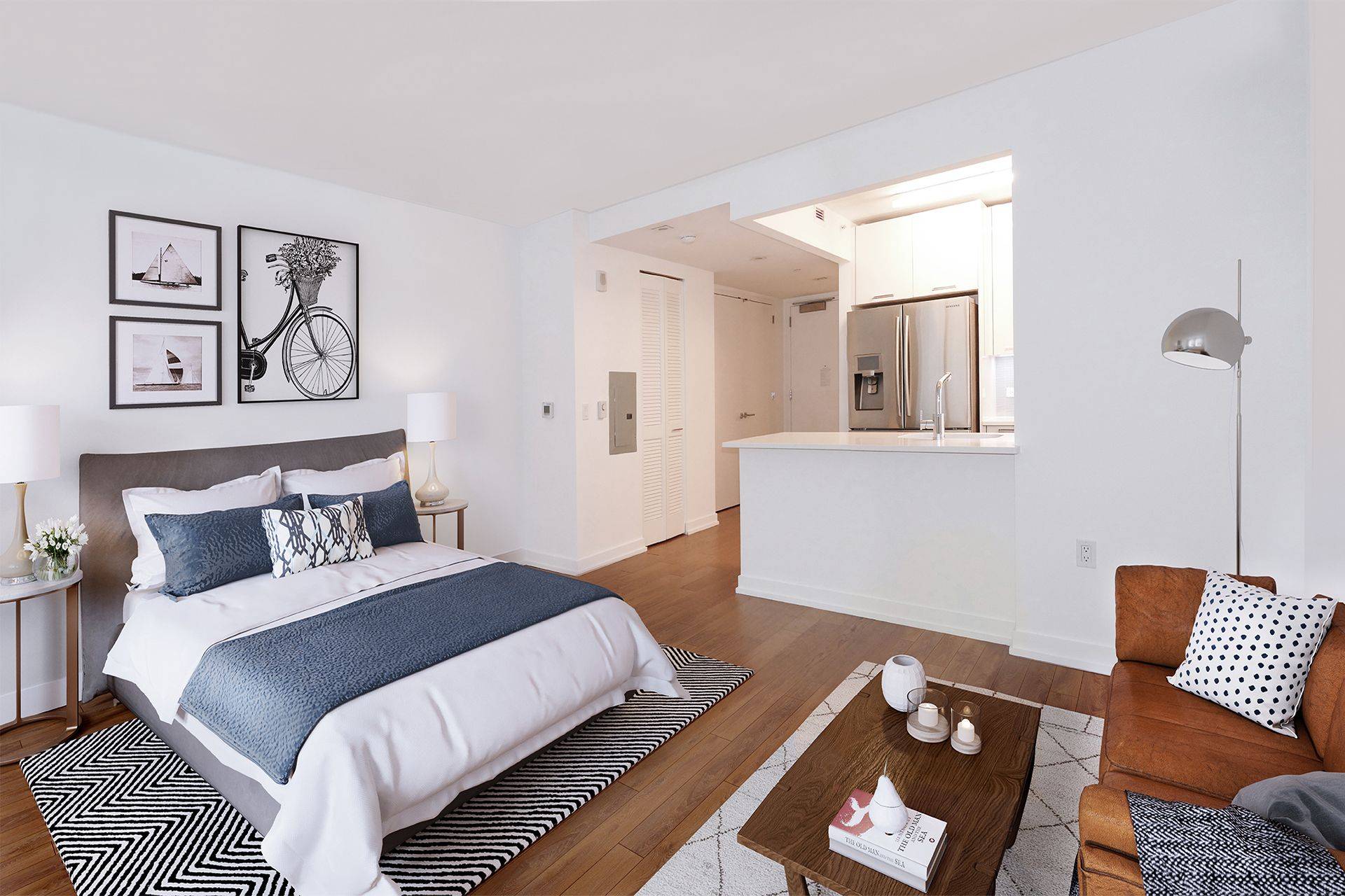 Great studio with open views across 77th street and a gourmet kitchen with stainless steel appliances, stone counters, and eating bar.