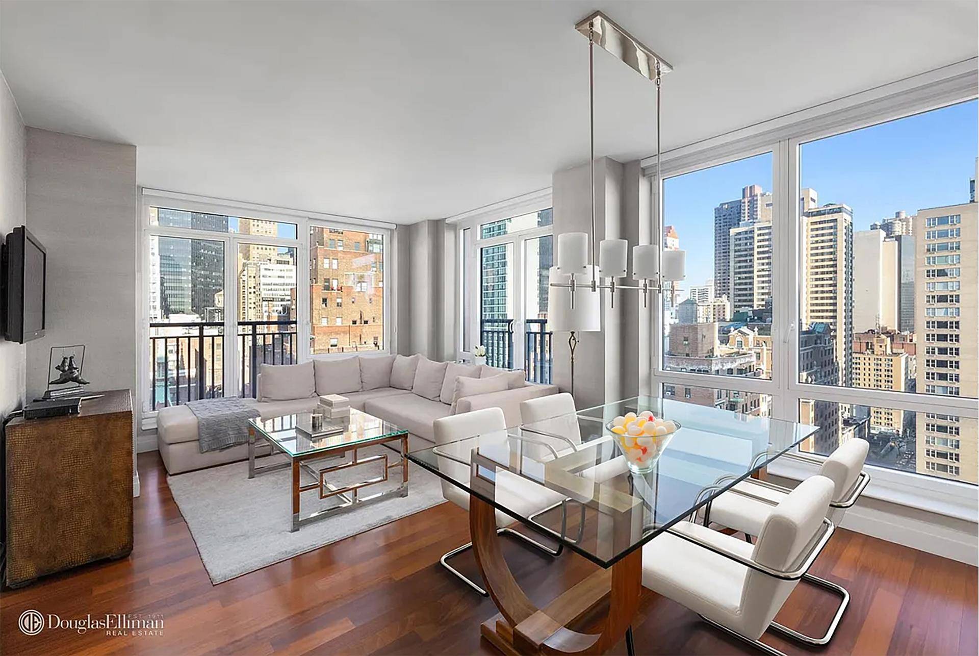 Beautifully designer furnished 913sf turn key sunny corner 18th floor 1 bedroom with a powder room, Juliet balconies and direct views of the Chrysler building, and wide open city views ...