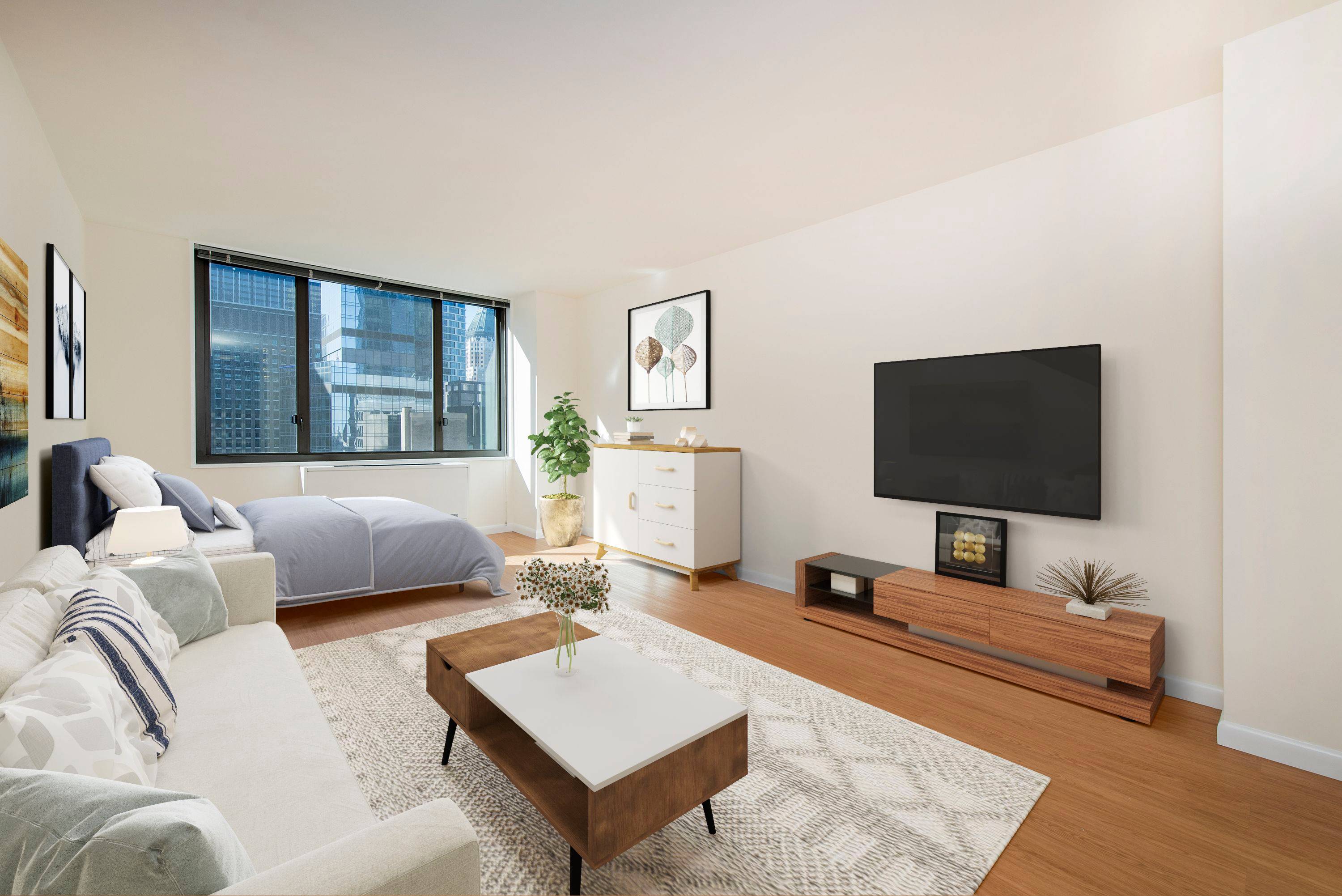 Great studio with open southern views across 56th street, a fully equipped separate kitchen, a contemporary bath, and wood floors throughout.