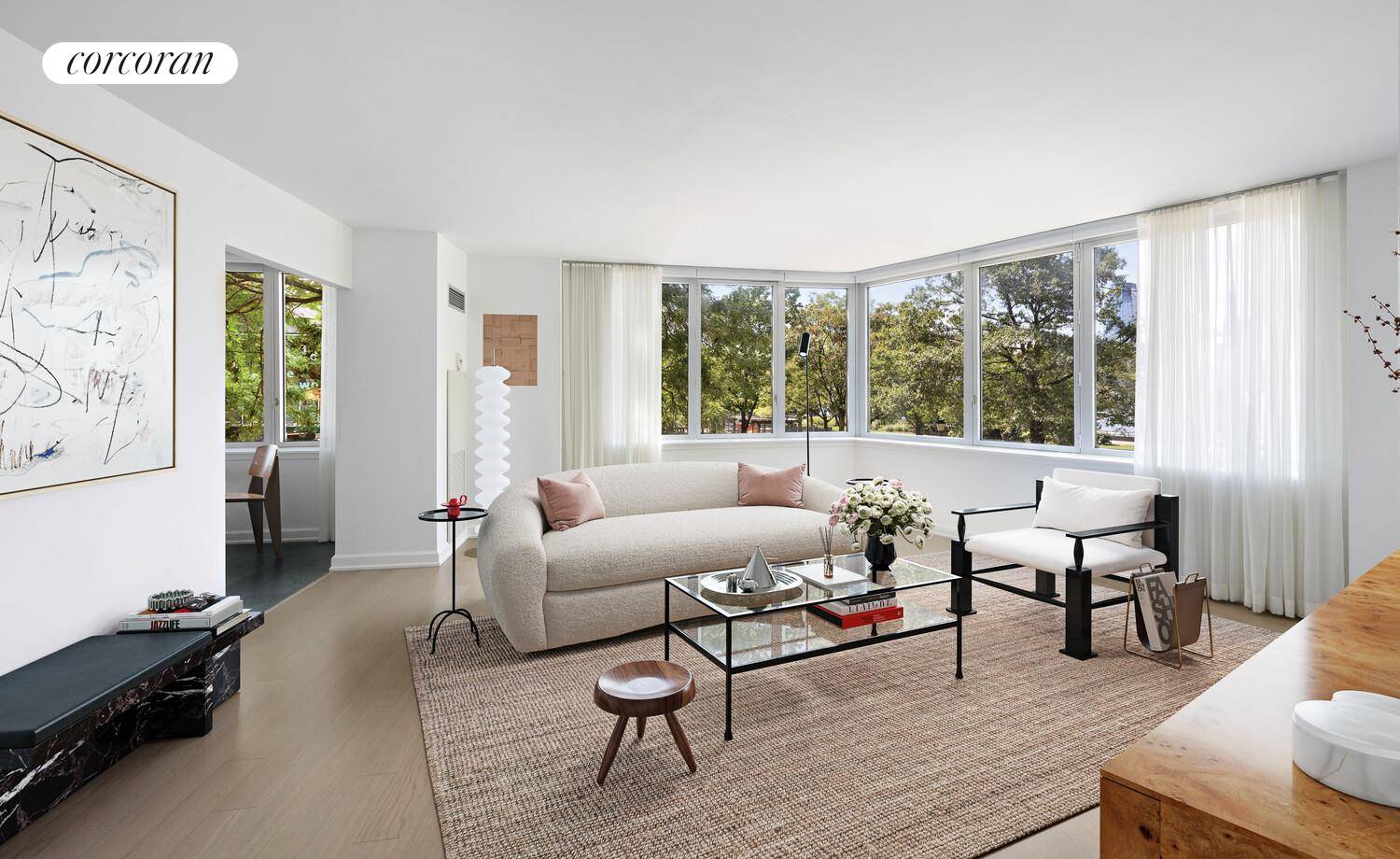 Poised on the Hudson River waterfront, Residence 3M is a luminous three bedroom, three bath corner home designed by the acclaimed firm Pelli Clarke Pelli.