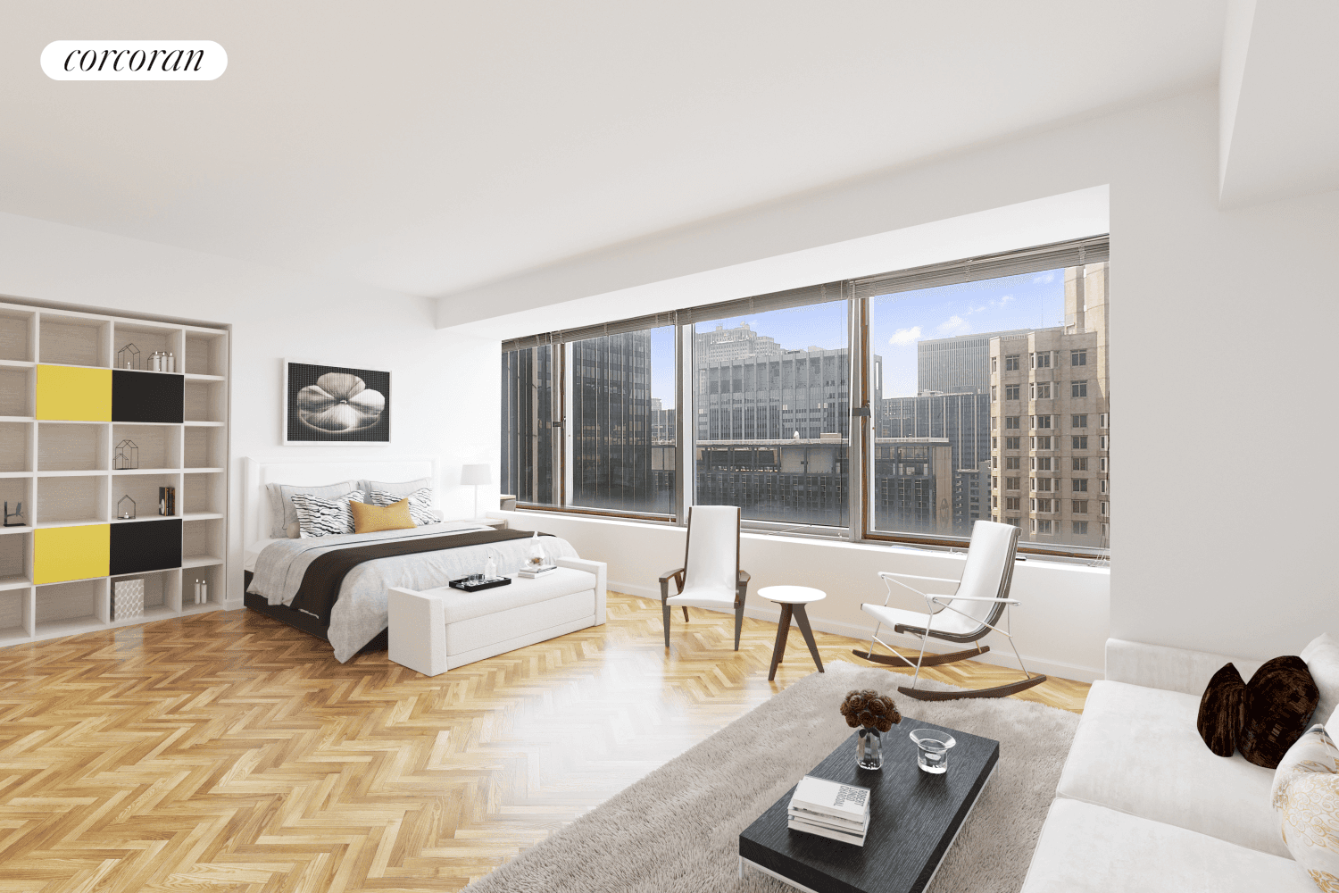 Virtual Tour Available King Size alcove studio, equivalent size to a one bedroom, with stunning Southern views of the city and Hudson River from the 46th Floor.
