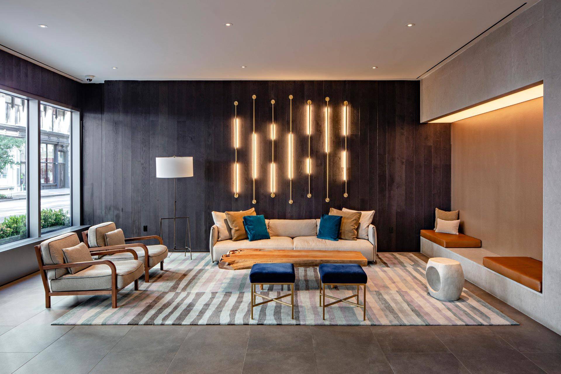 This spacious Studio features floor to ceiling windows, a gourmet kitchen with stainless steel appliances and quartz countertops, an over sized bathroom with a floating vanity, and a walk in ...