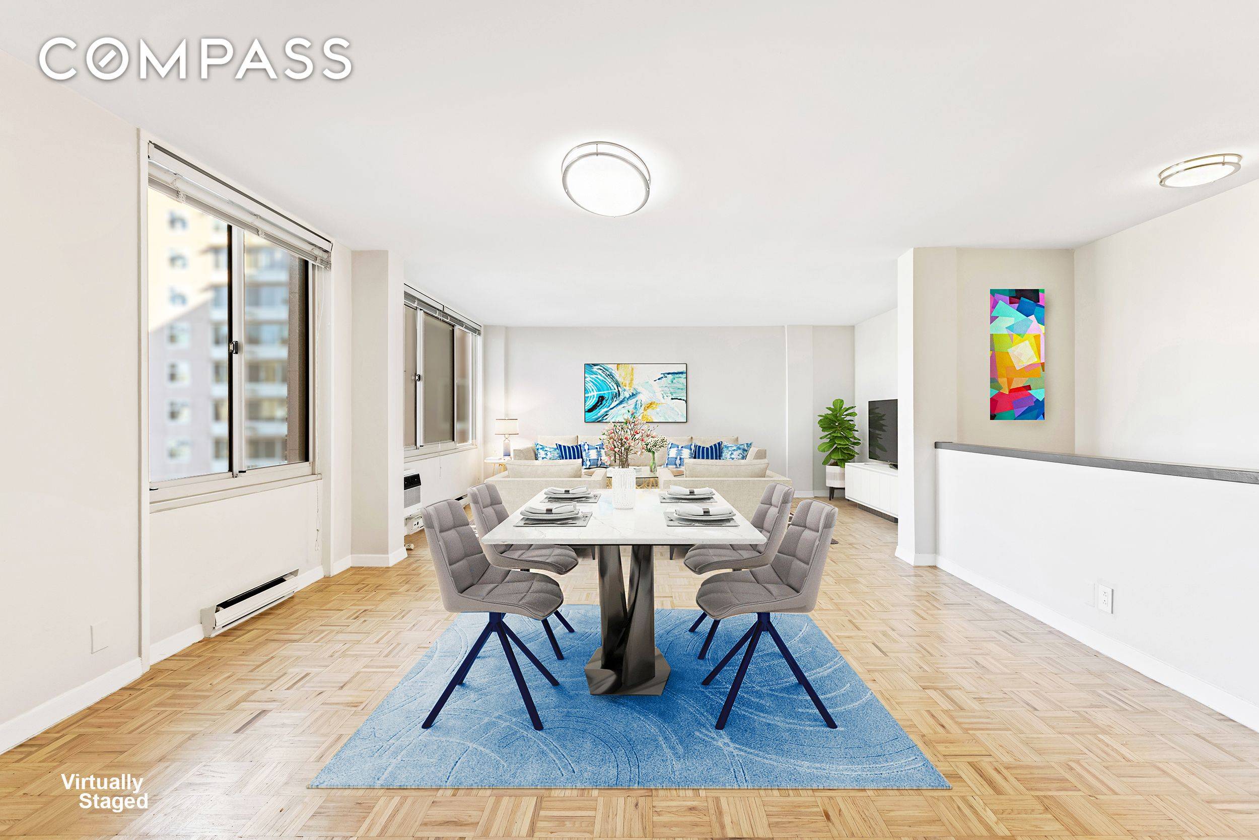 This stunning, duplex apartment on Roosevelt Island offers breathtaking views of the East River and the Manhattan skyline.