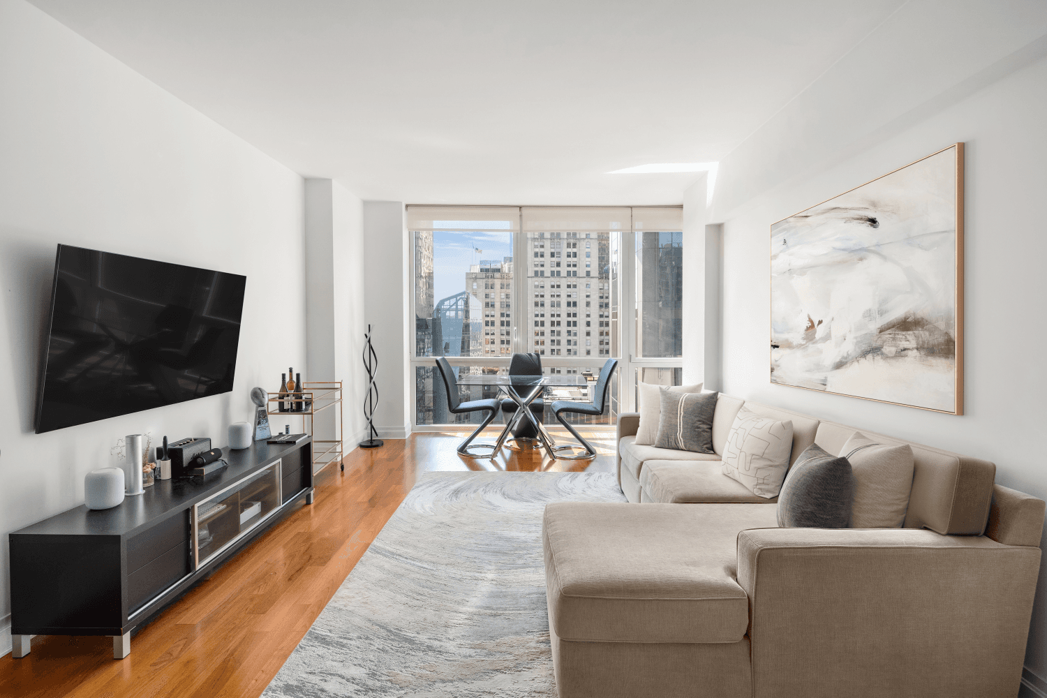 This expansive two bedroom, two bathroom corner apartment offers awe inspiring views of the Empire State Building and Chrysler Building from its floor to ceiling windows, spanning the South, North, ...