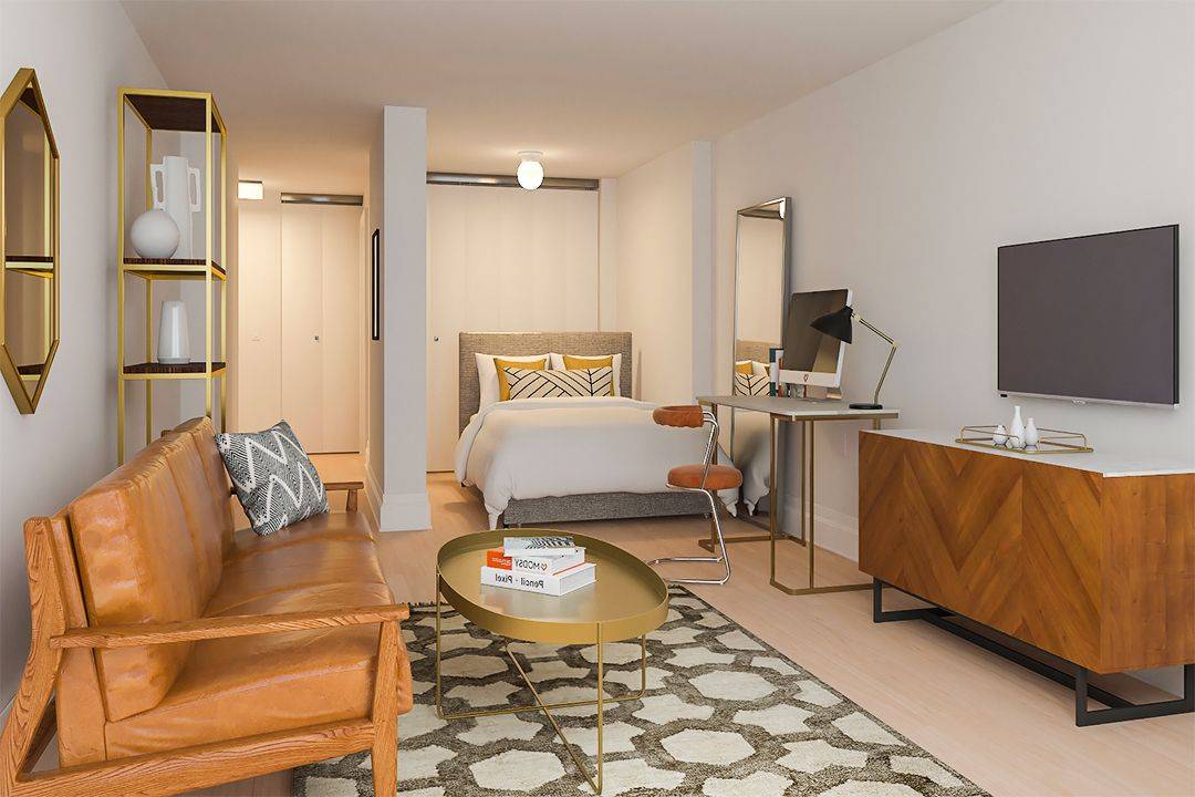 Oversized studio alcove with dedicated sleeping alcove, room for a dining area or home office, formal entry foyer, and in unit washer dryer.