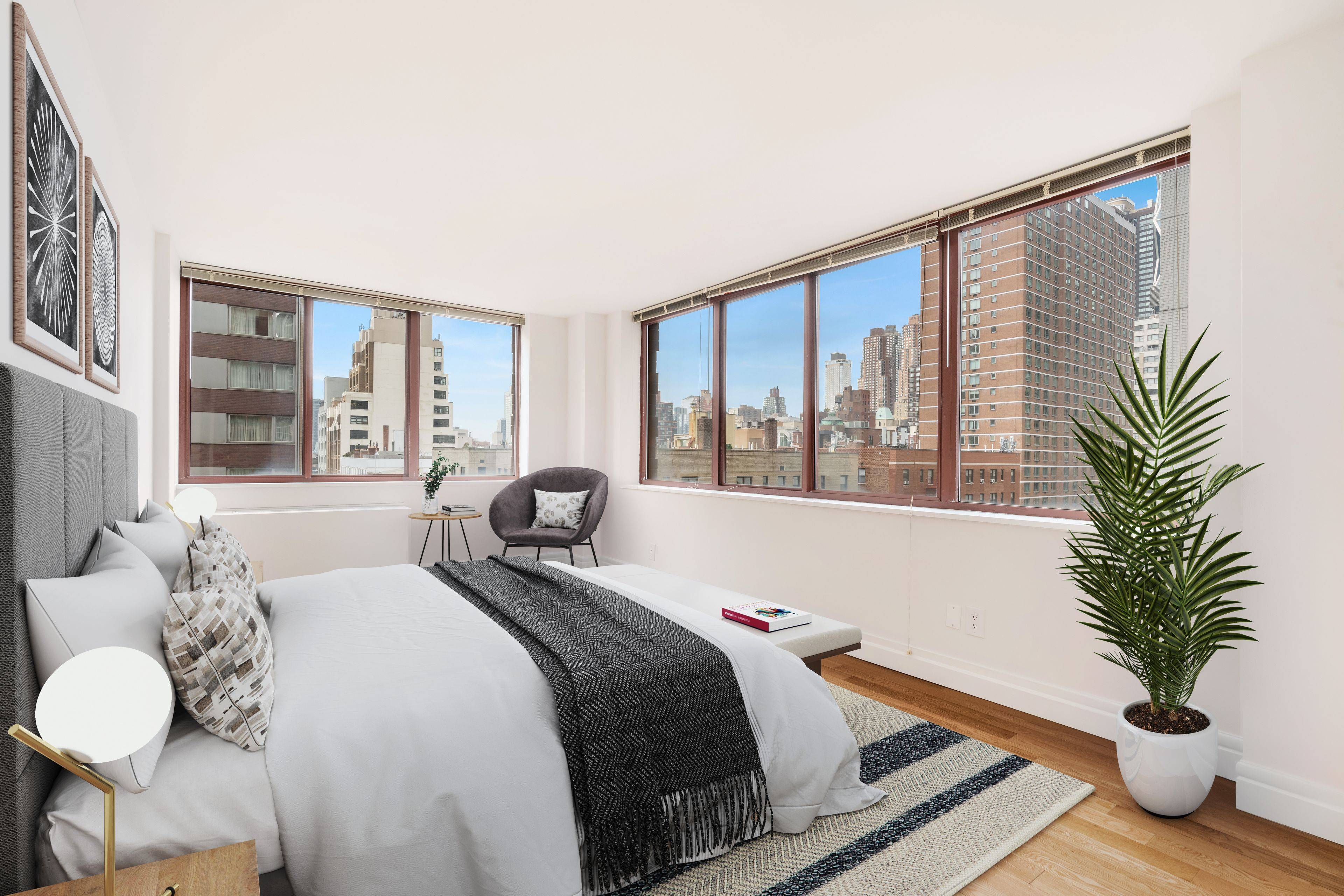 Bright one bedroom with double exposures, gourmet kitchen with stainless steel appliances and stone countertops and a walk in closet.
