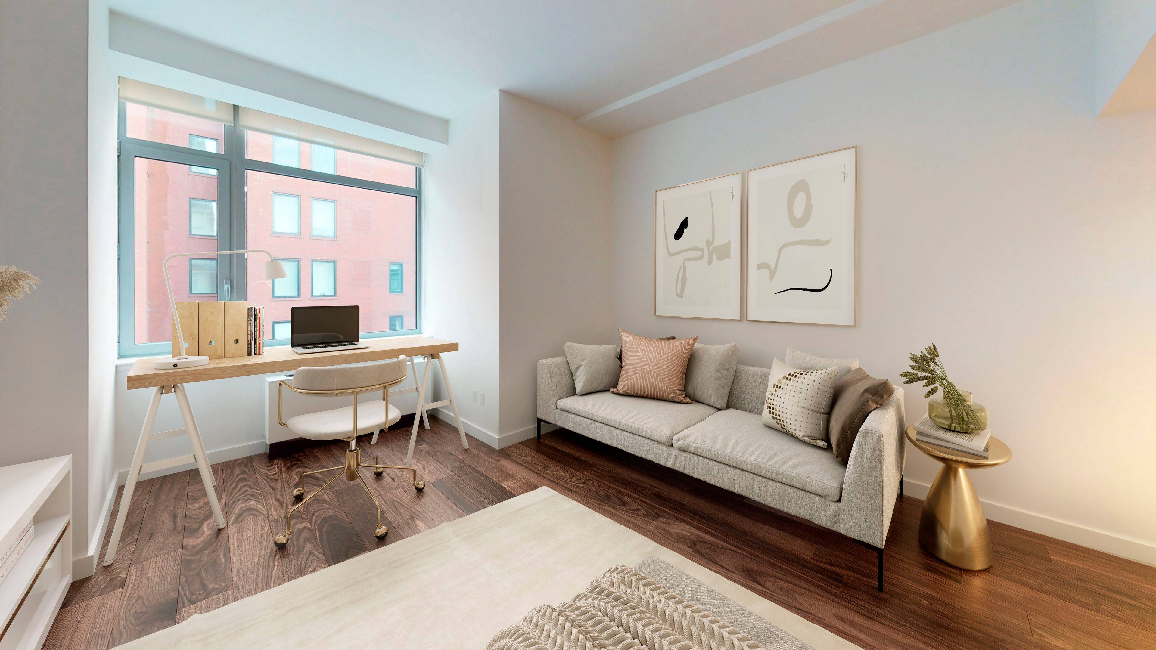 This spacious southern facing studio features a fully equipped gourmet kitchen with granite counter tops and stainless steel appliances, a large walk in closet, and wood floors throughout.