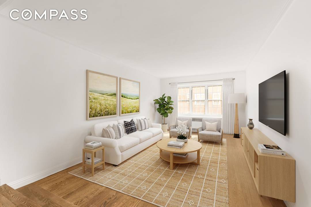 This move in ready two bedroom, two bathroom apartment seamlessly blends sleek, modern design with the unique charm of a pre war cooperative.