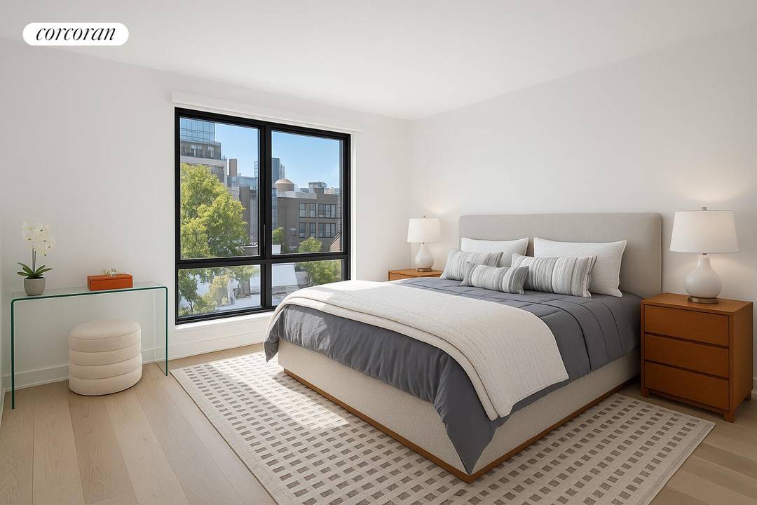 Residence 6F is a stunning top floor, corner one bedroom flooded with natural light from south, west, and east exposures, offering breathtaking views of the Manhattan skyline.