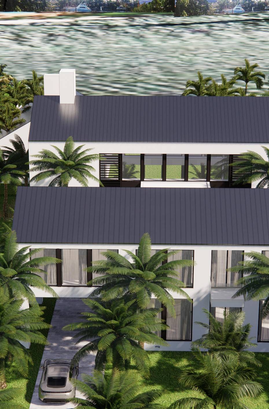 New Farmhouse Modern Intracoastal estate sited on 60 ft of waterfrontage on prestigious Fifth Avenue Estates ''Mansion Row'' by award winning Affinity Architects and master builder National Custom Homes.