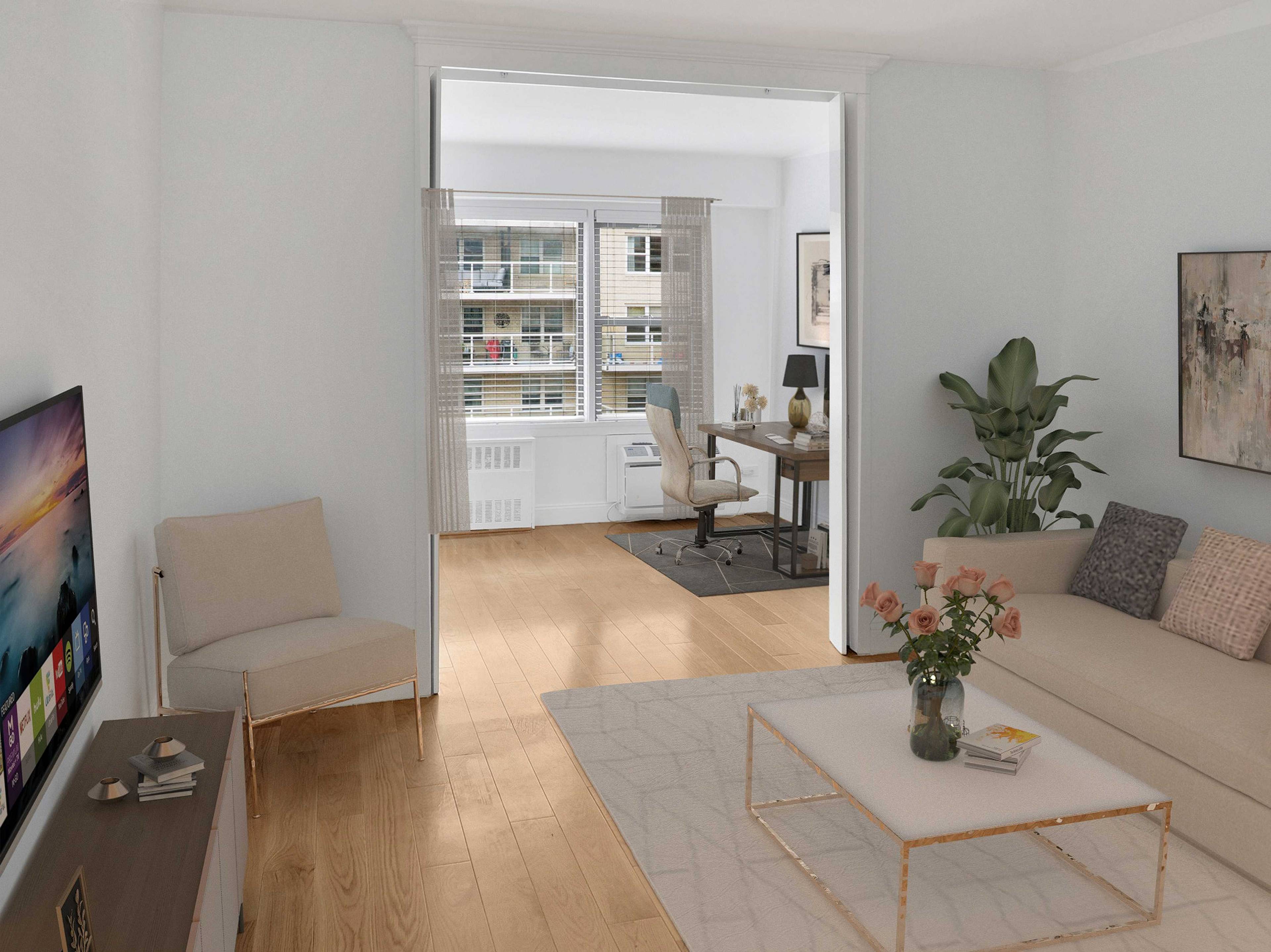 Bright Corner Home with Flexible Layout amp ; Stunning Rooftop Step into this bright, high floor corner one bedroom apartment and discover a spacious, quiet retreat with a modern touch.