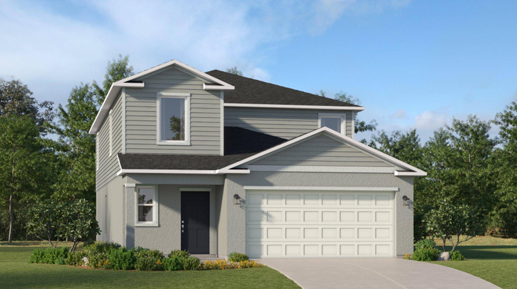 This two story home highlights a modern open layout, seamlessly integrating a first floor kitchen with a central island, a dining room and a welcoming family room with patio access.