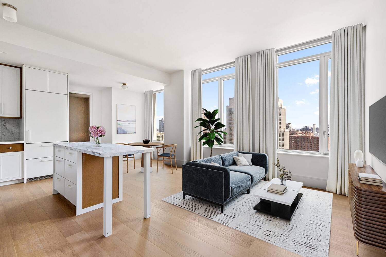This oversized one bedroom with powder features large windows, wide plank white oak flooring, and custom finishes throughout.