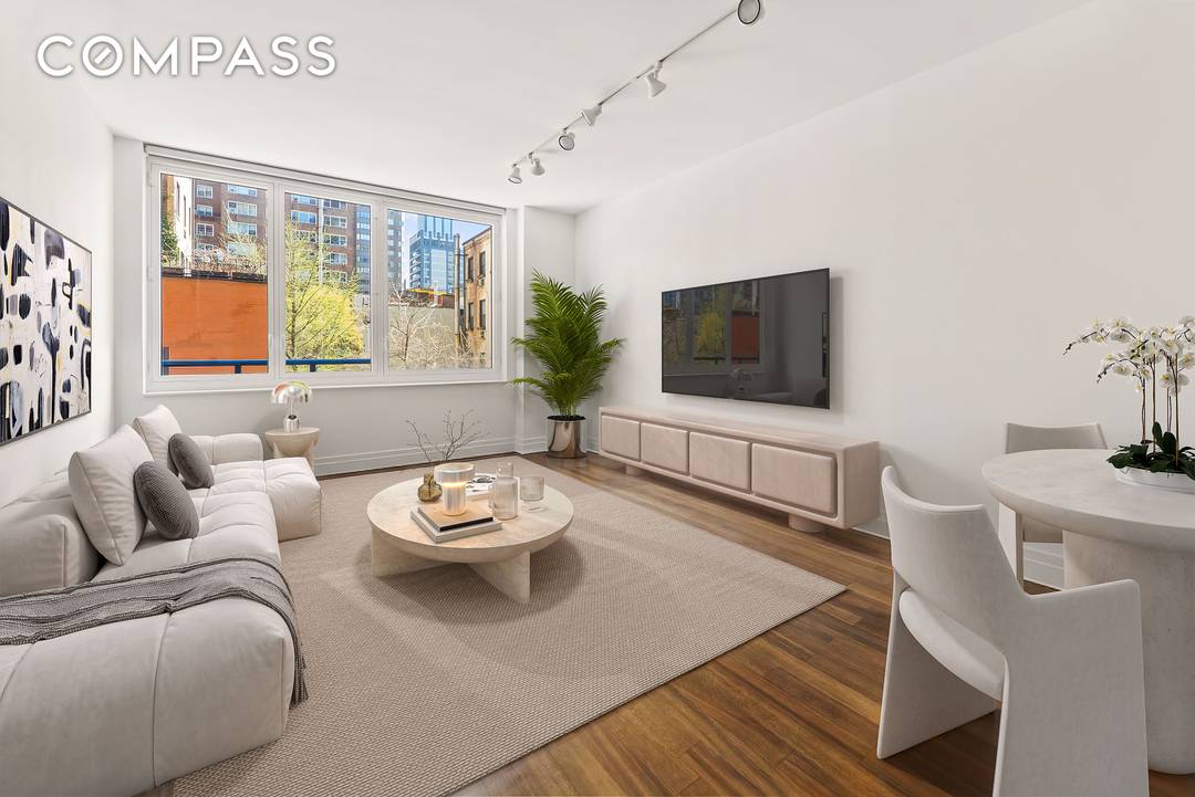 Perched at treetop level with bright eastern exposure, Residence 304 is a spacious, sun filled corner one bedroom spanning over 900 square feet.