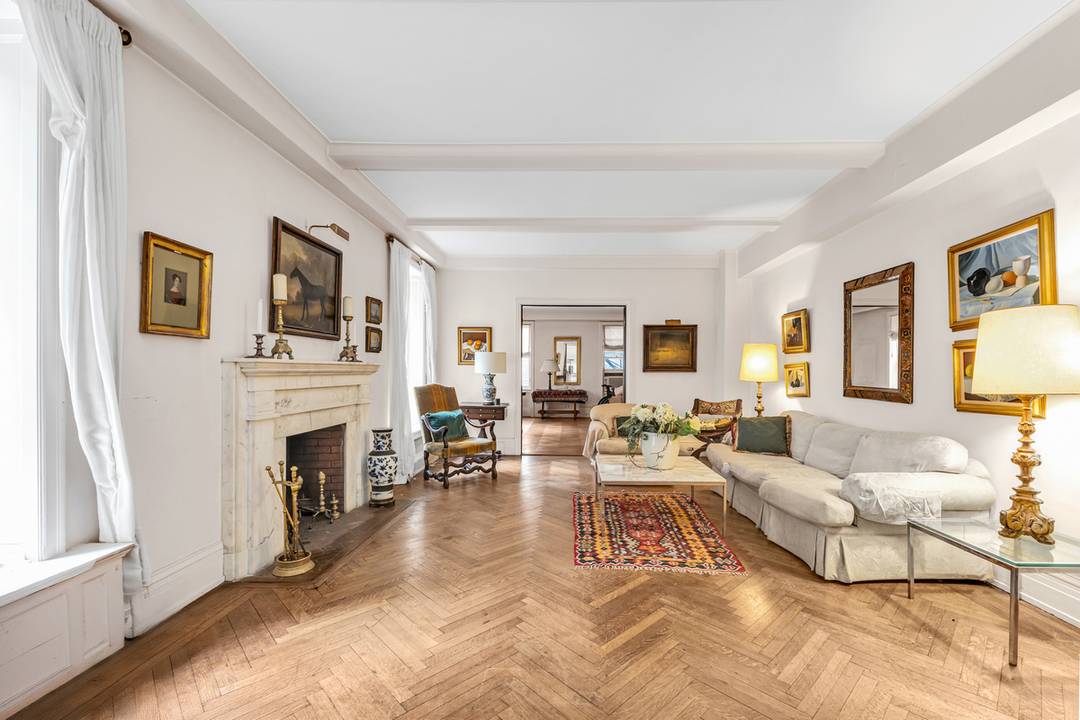 Seven Room Prewar Diamond In The Rough ESTATE SALE The entrance gallery leads to a 21 foot living room with wood burning fireplace, herringbone hardwood floors, high beamed ceilings and ...