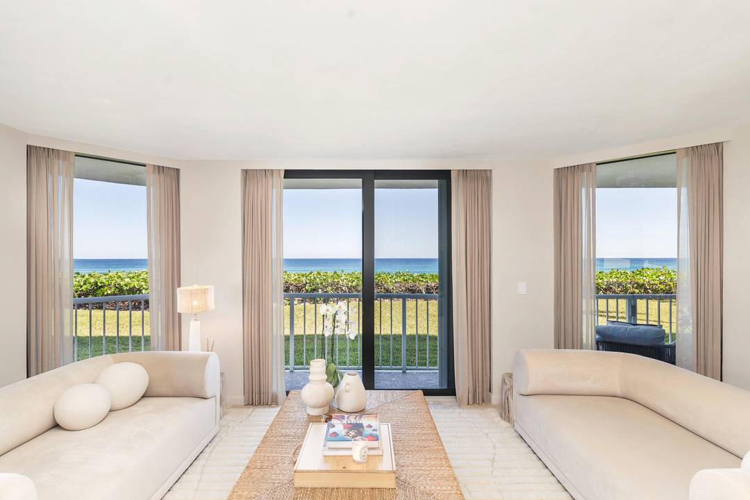 Located directly on the ocean in the prestigious Enclave building on South Ocean Boulevard in Palm Beach, this beautifully designed residence was created by renowned interior designer Noa Santos.