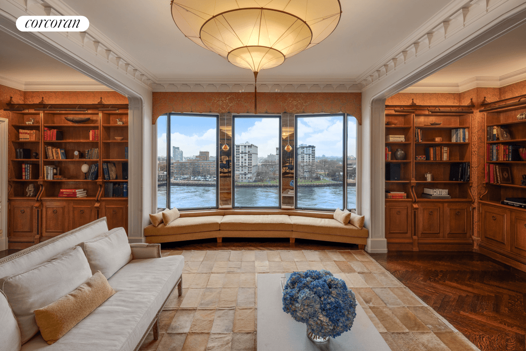 Perfectly perched on the 8th and 9th floors of 1 East End Avenue, this sun flooded, grand eleven into ten room prewar duplex has sweeping river views and has been ...