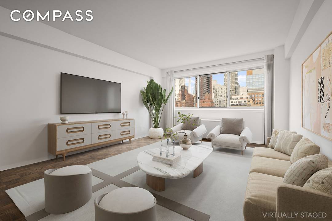 This sun filled, oversized, high floor one bedroom residence in Lenox Hill, features spectacular, open city views from Eastern and Western exposures, and a recently renovated kitchen and bathroom.