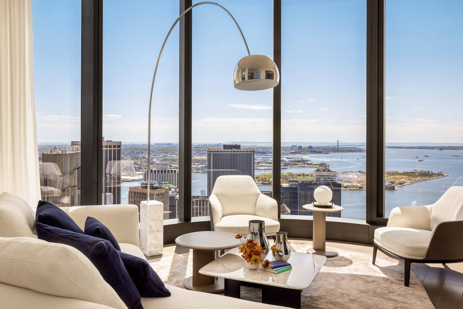 Residence 64D at The Greenwich by Rafael Vinoly is a high floor studio showcasing magnificent southern and western exposures and panoramic views of the New York Harbor and the Verrazano ...