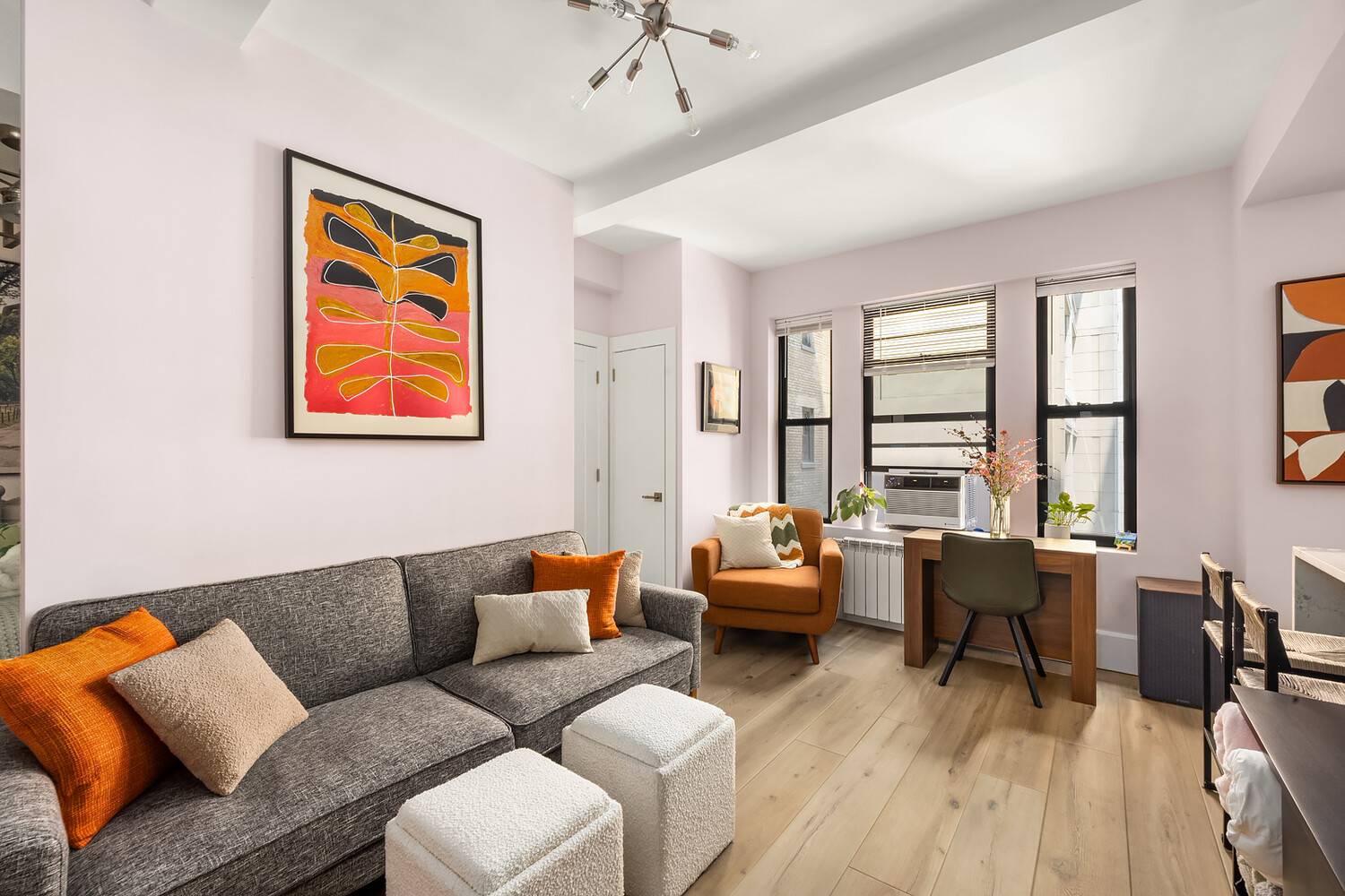 Perched on the 9th floor of 215 West 75th Street, this fully gut renovated alcove studio has been meticulously reimagined with modern finishes.