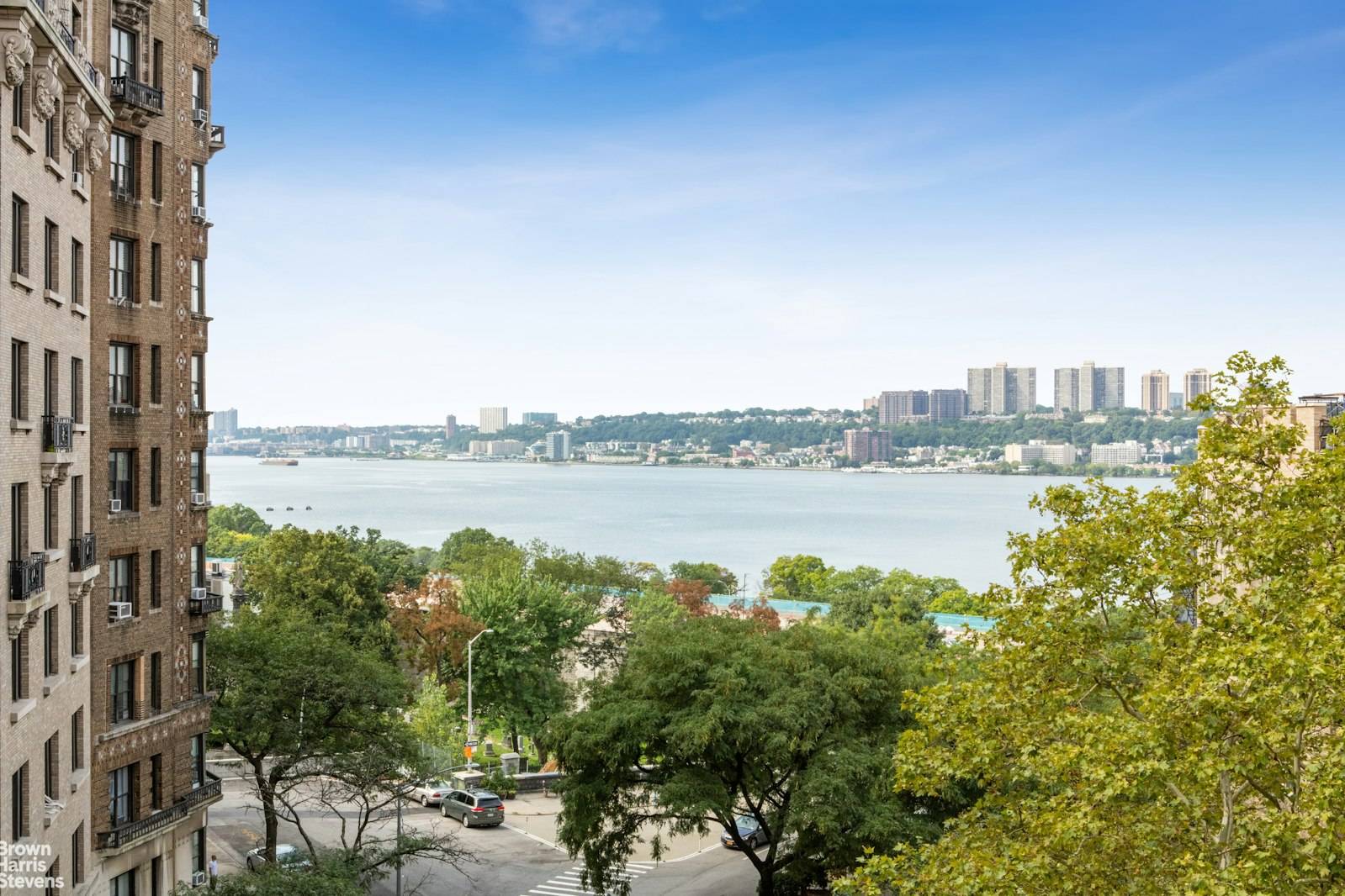 Fully renovated, sunlit corner unit at the Riviera, 790 Riverside Drive, boasting Hudson River views throughout the apartment.