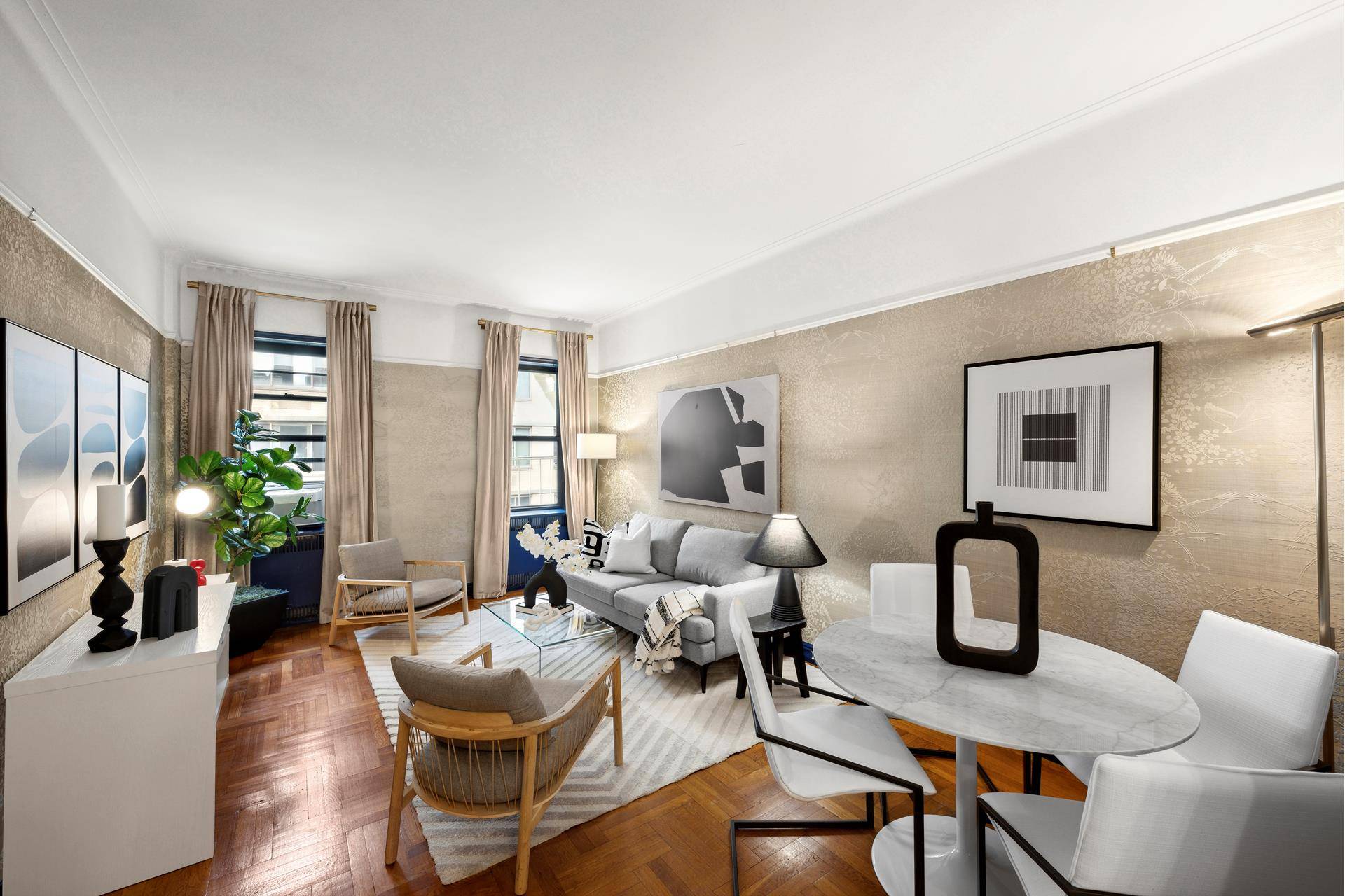 This mint, oversized corner one bedroom on the top floor of an Art Deco elevator coop has period details, ample closets, a renovated windowed kitchen and bathroom.