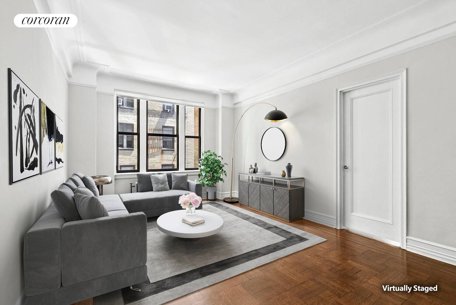 LARGE ONE BEDROOM in PRE WAR FULL SERVICE BUILDING with NO BOARD INTERIVEW Welcome to this graciously proportioned prewar one bedroom offering a blend of traditional details and modern updates.
