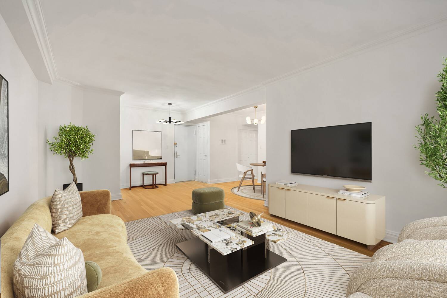 Spacious and charming, one bedroom, one bathroom, featuring large living room with separate dining area, renovated windowed kitchen, large primary corner bedroom and a windowed renovated bathroom.