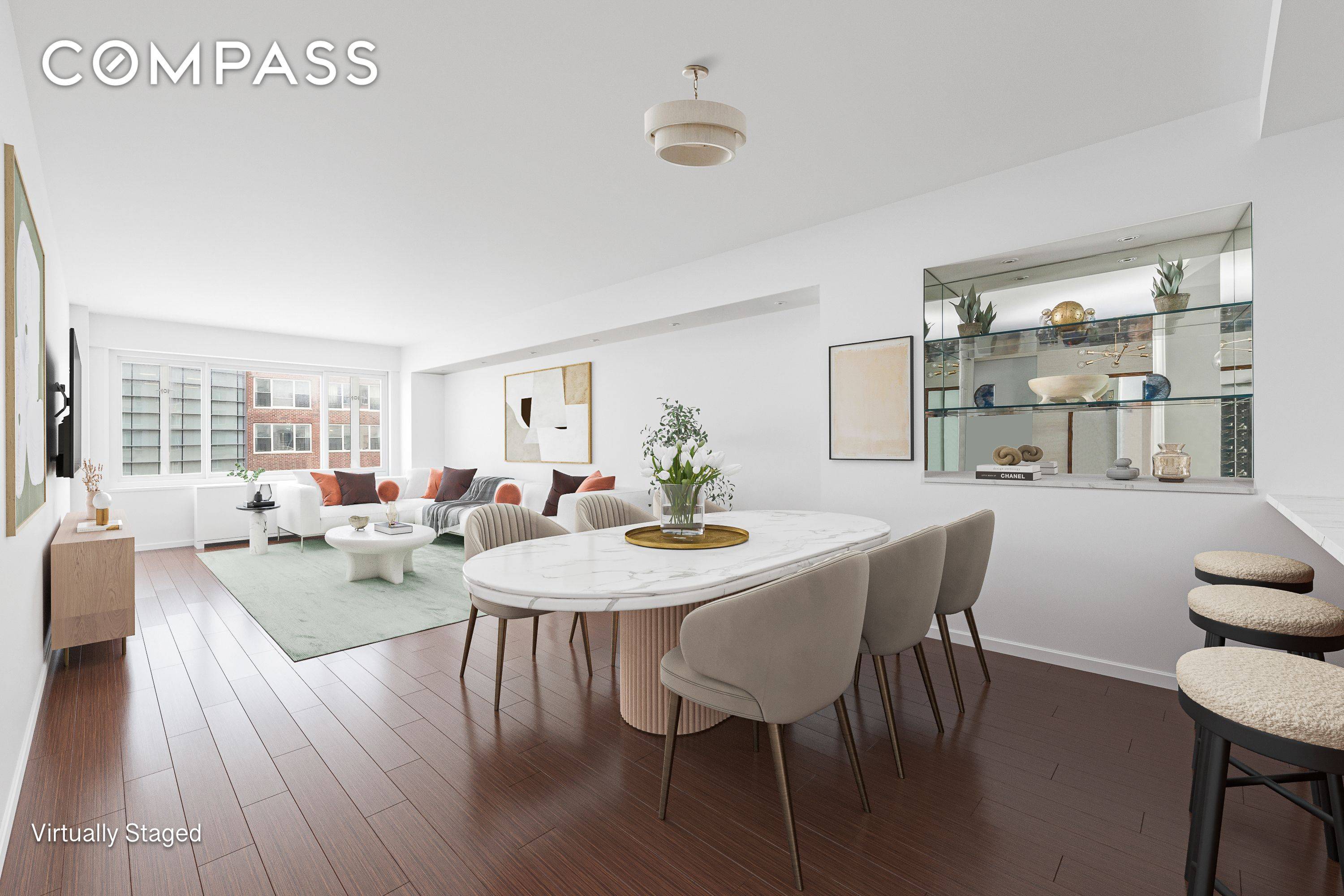 This meticulously renovated 2 bedroom, 2 bathroom apartment boasts an inviting foyer with an oversized coat closet that leads to the open kitchen.