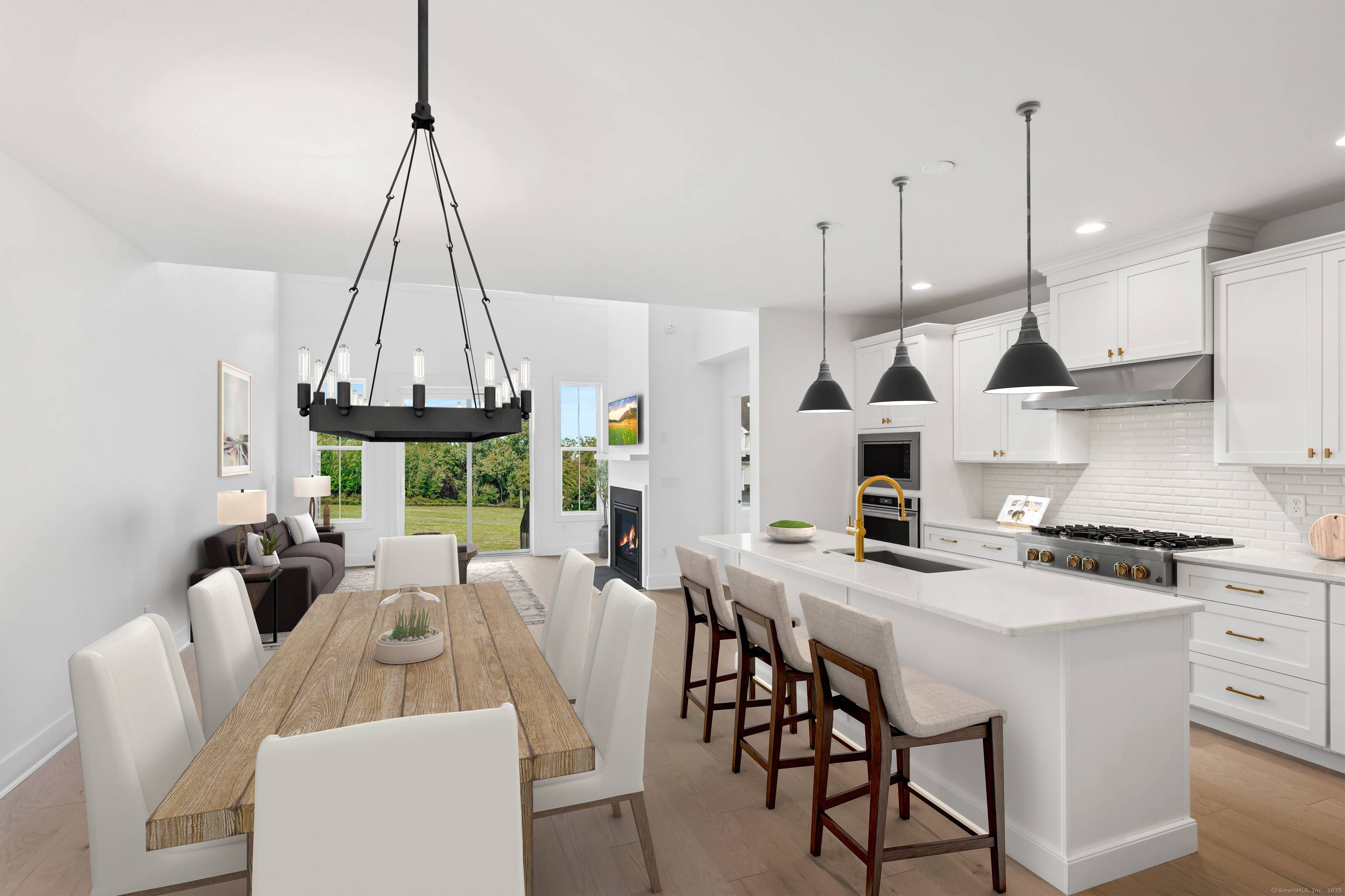 The Pierson Modern Farmhouse features a chef inspired kitchen, complete with a designer backsplash, sleek Century cabinetry, and beautiful quartz countertops.