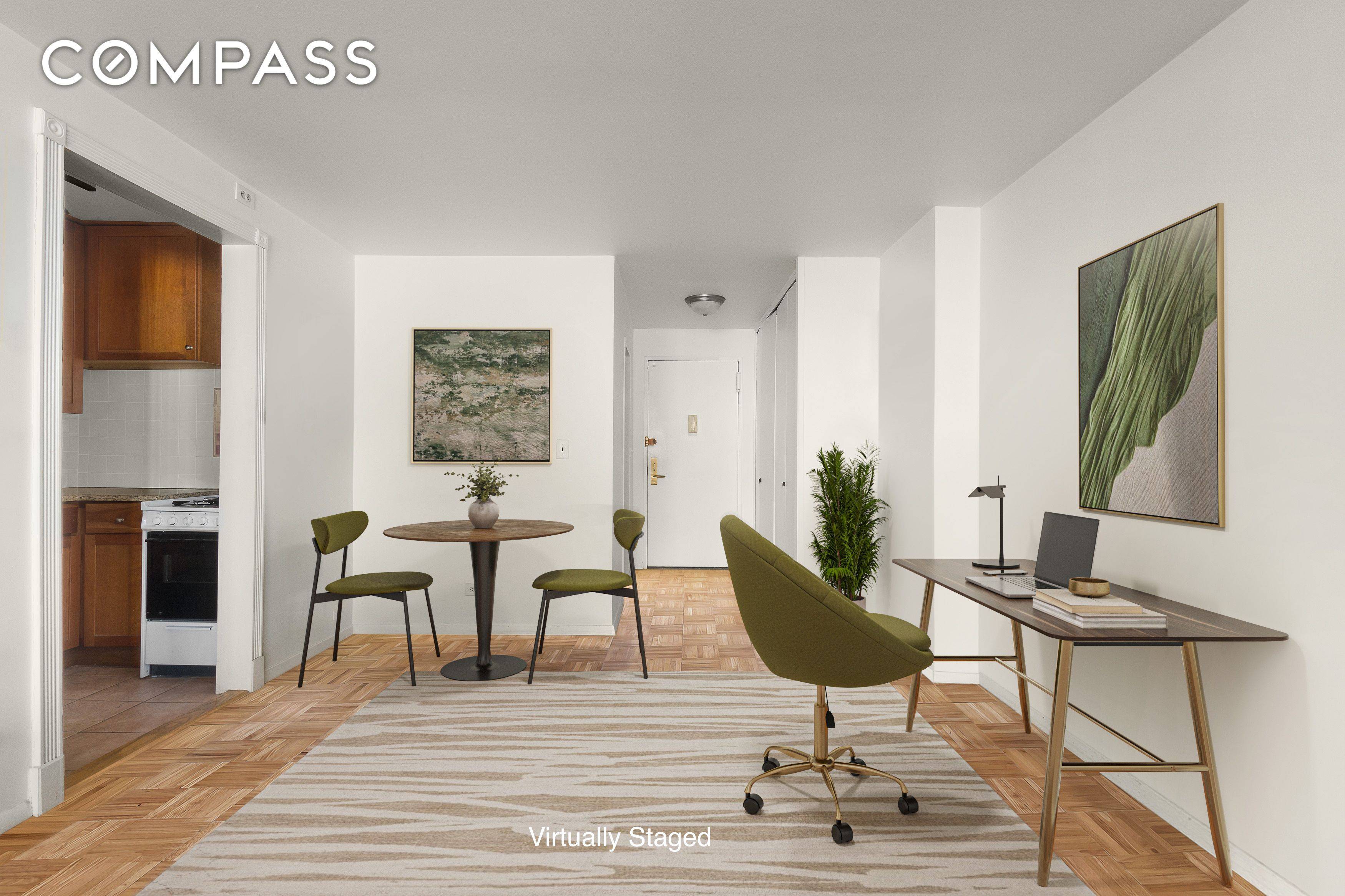Flooded with natural light and offering sweeping city views, this spacious alcove studio instantly draws your attention with its airy feel and generous layout.