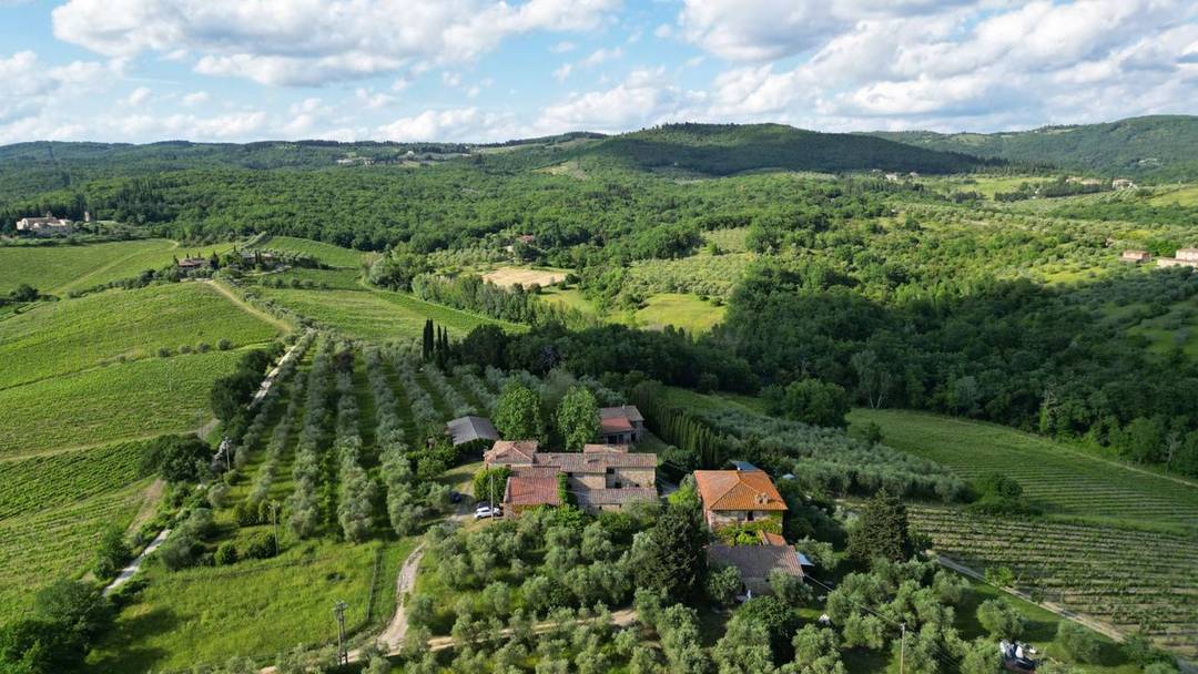 Charming Tuscan farmhouse to be renovated in Castellina in Chianti, with barn, annexes and 9.5 hectares of land with olive groves and arable land.