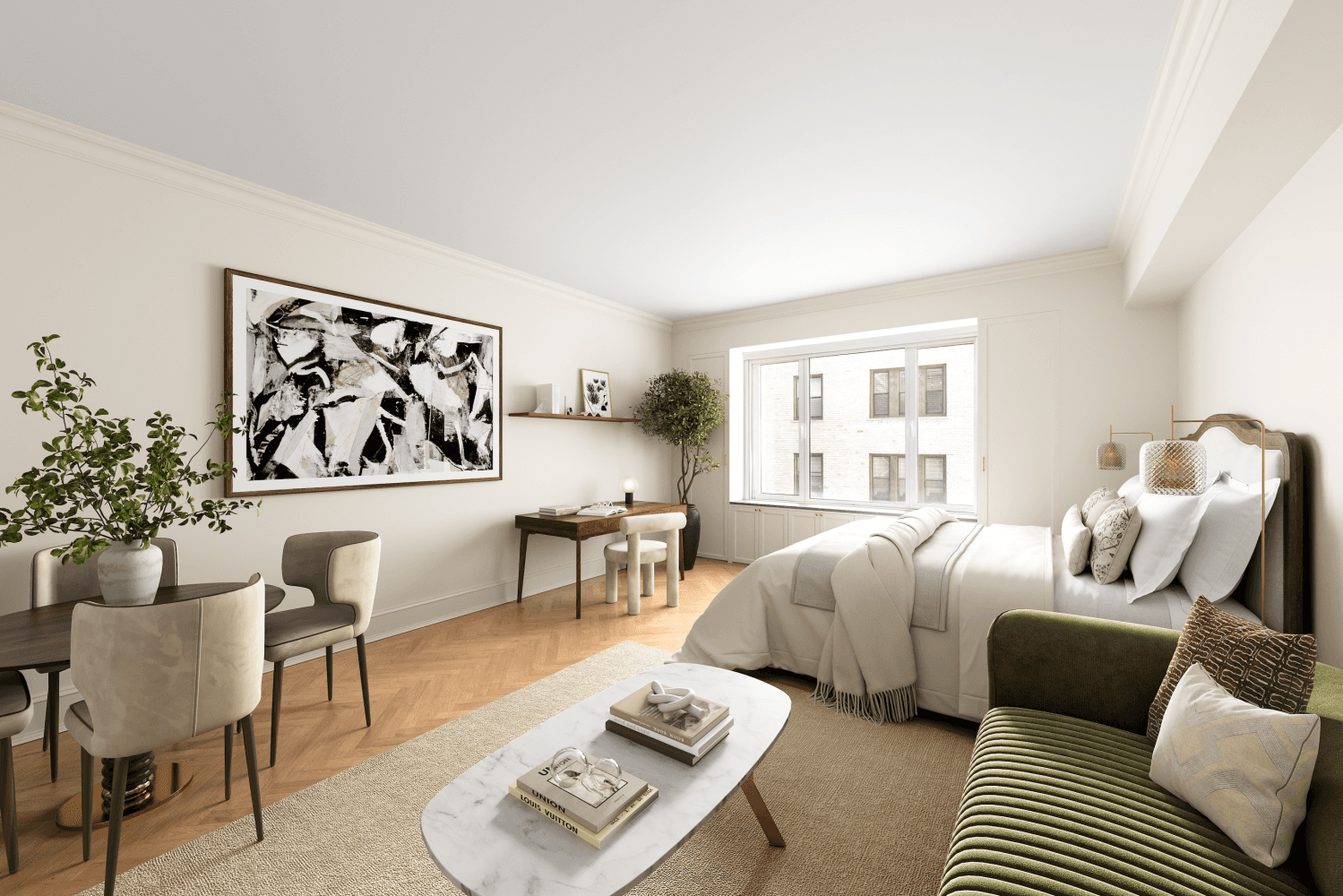 Experience a timeless on the park lifestyle in this renovated pre war studio at the distinguished Hampshire House building across the street from Central Park.