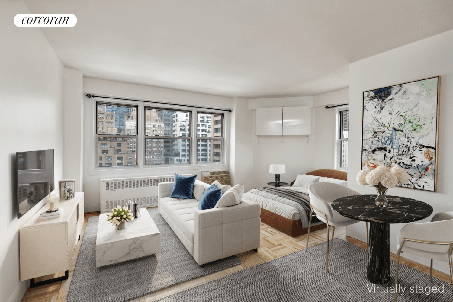 This studio penthouse corner condo is at the top !