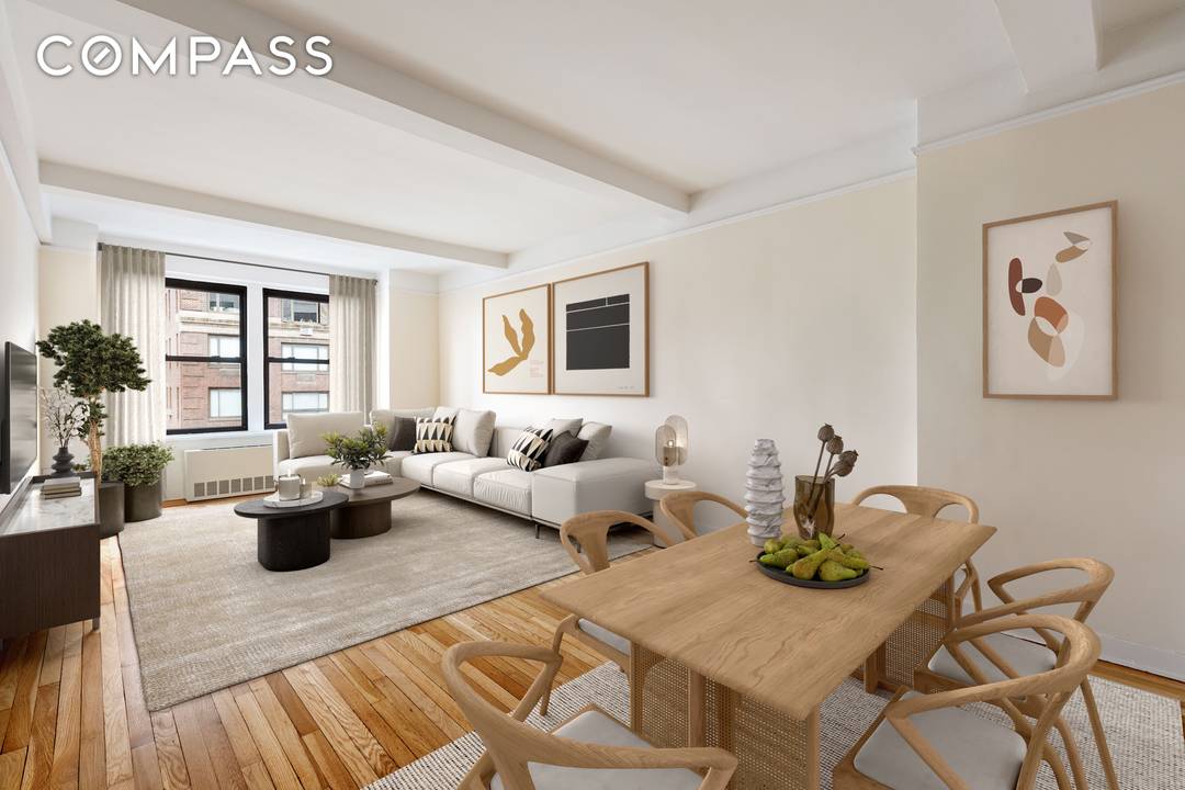 Open western city views highlight this bright corner one bedroom featuring an oversized living room with space for a dining area or a home office in a full service Upper ...