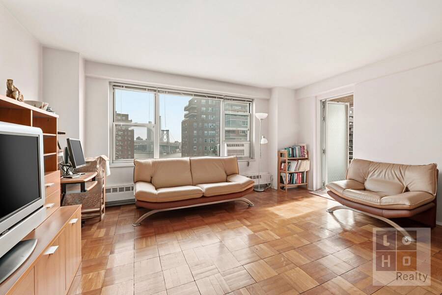Elevated Living Balcony, Views amp ; Space on the 15th Floor Perched on the 15th floor, this renovated two bedroom home offers open views of the East River, the Williamsburg ...