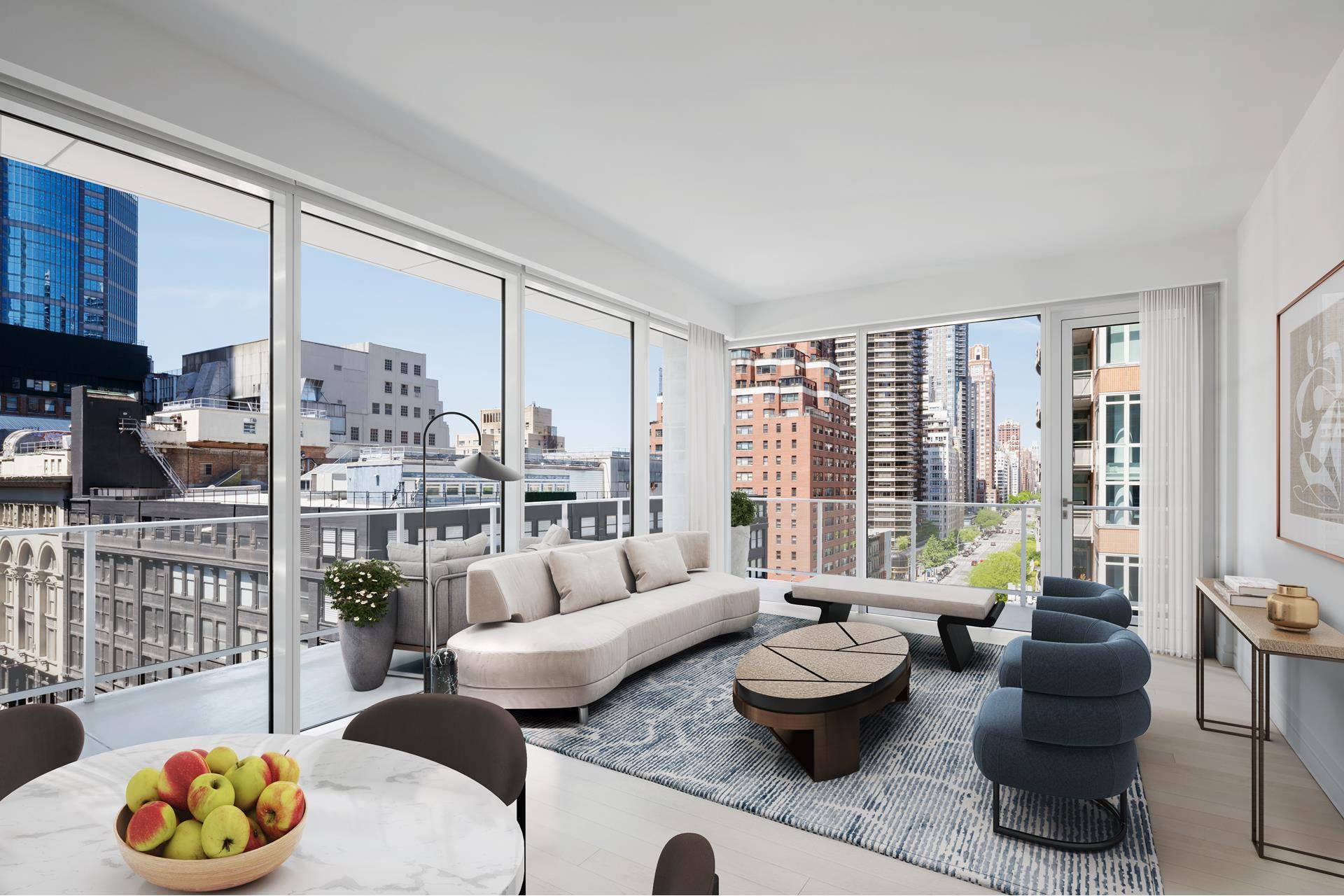 This spacious, corner 1, 416 square foot two bedroom, two and a half bath residence features a deep wraparound terrace overlooking Central Park, and western views of the Midtown skyline.