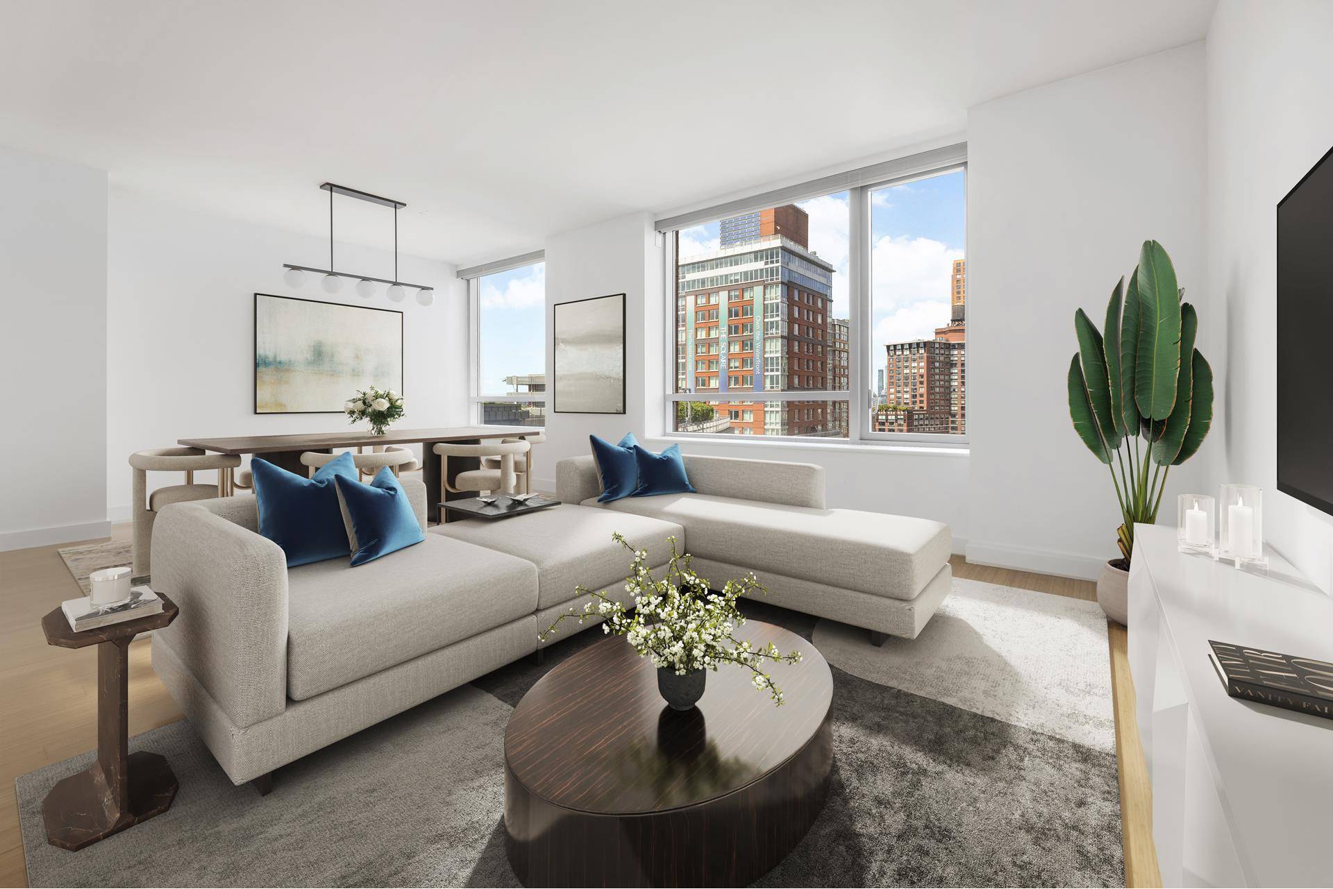 This enormous 1092 sf apartment is among the largest 1BR layouts you will ever see, replete with an additional second bathroom for guests.